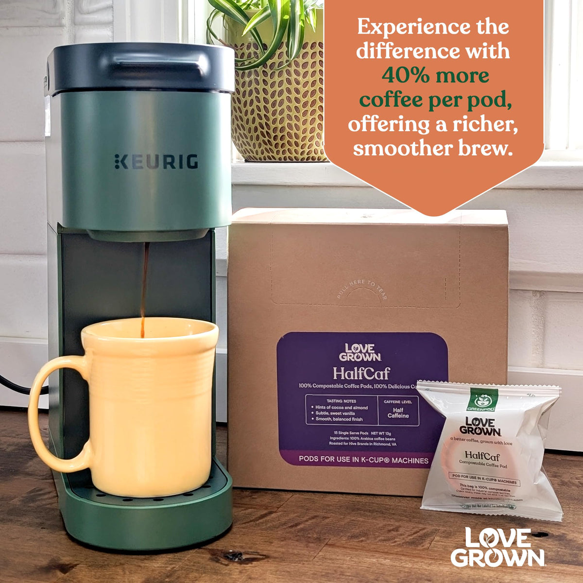 Love Grown Plastic-Free Coffee Pods – 100% Arabica, Compostable, Keurig-Compatible Dark Roast (Box of 15)