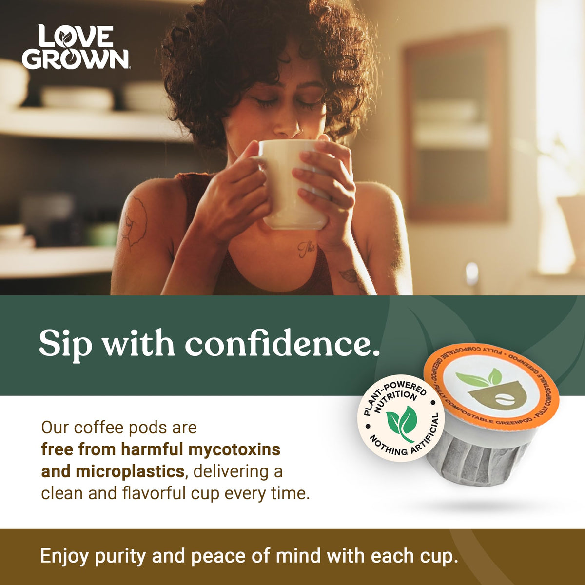 Love Grown Plastic-Free Coffee Pods – 100% Arabica, Compostable, Keurig-Compatible Dark Roast (Box of 15)