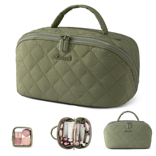 LOVEVOOK Travel Makeup Bag for Women, 2Pcs Puffer Waterproof Cosmetic Organizer, Large Capacity Pouch Open Flat Small Toiletry Bag with Brush Compartment & Handle (Green, Medium)