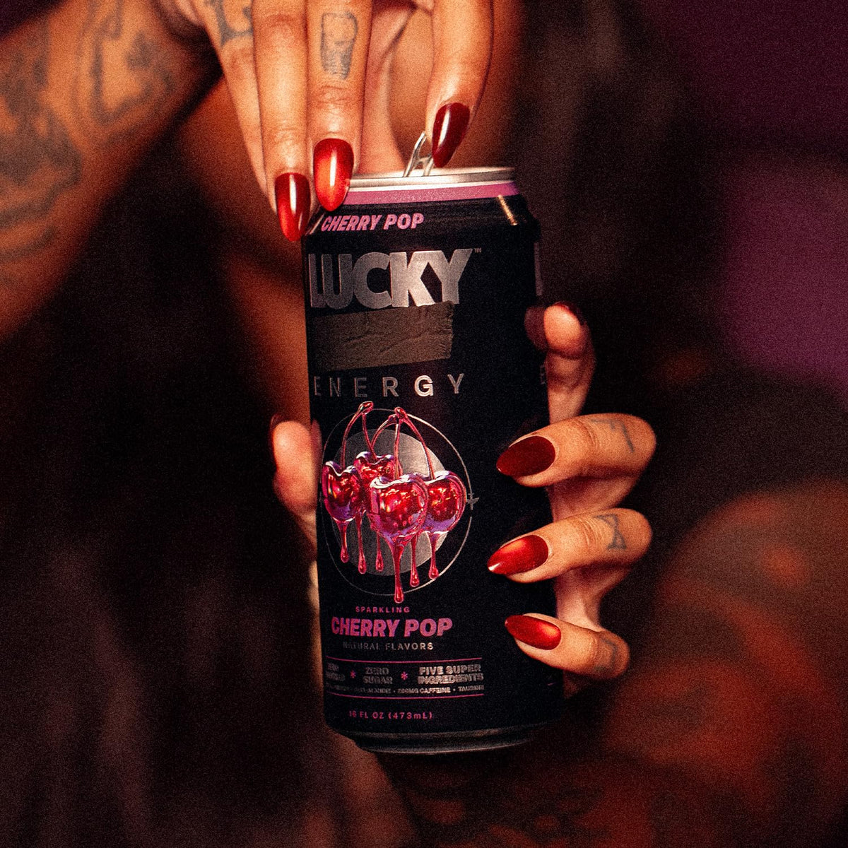 Lucky Energy Sugar Free Cherry Pop – 16oz Cans (12-Pack) Zero Sugar Energy Drink
