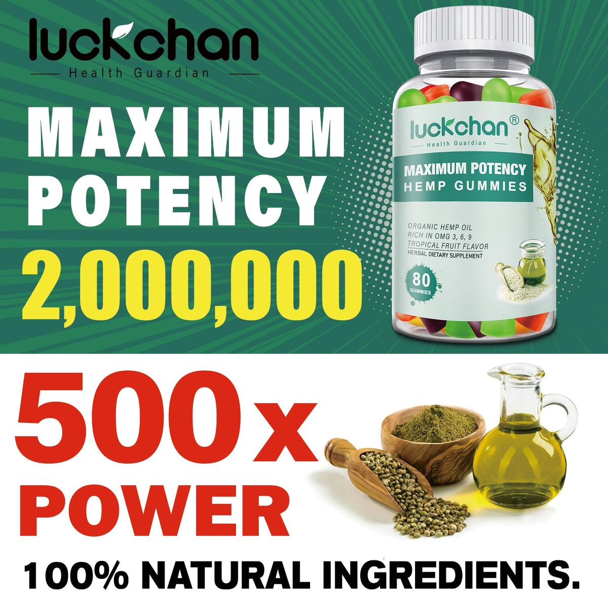 LUCKCHAN Hemp Gummies – Extra Strength Organic Hemp Oil Gummies (2-Pack) for Adults