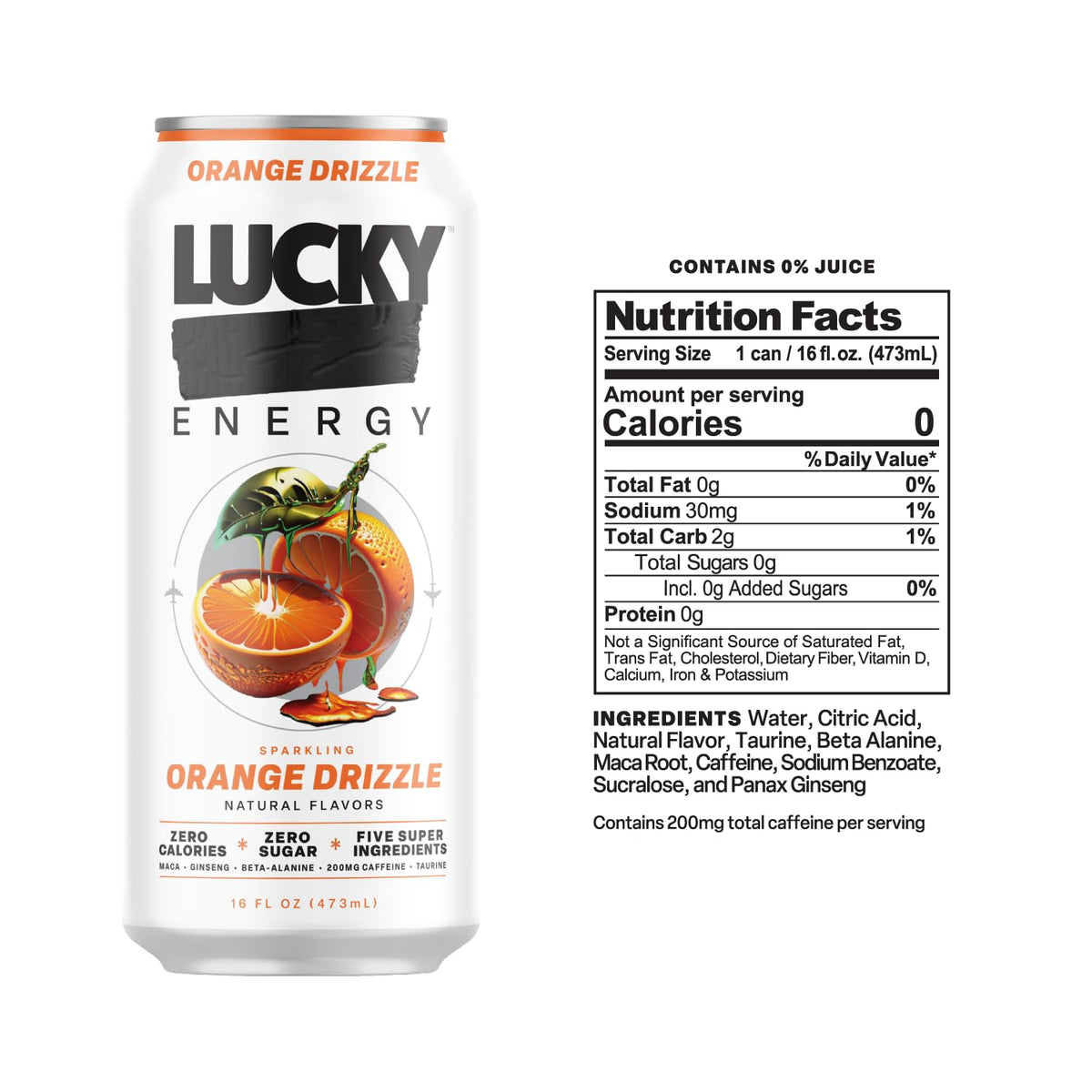 Lucky Energy Sugar Free Orange Drizzle – 16oz Can (12-Pack)