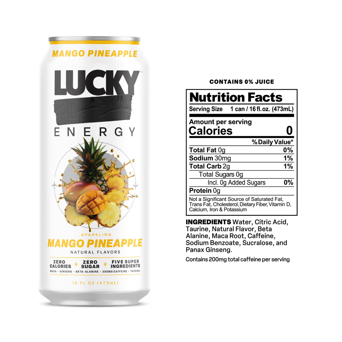 Lucky Energy Mango Pineapple Sugar-Free Energy Drink 16oz (12-Pack)