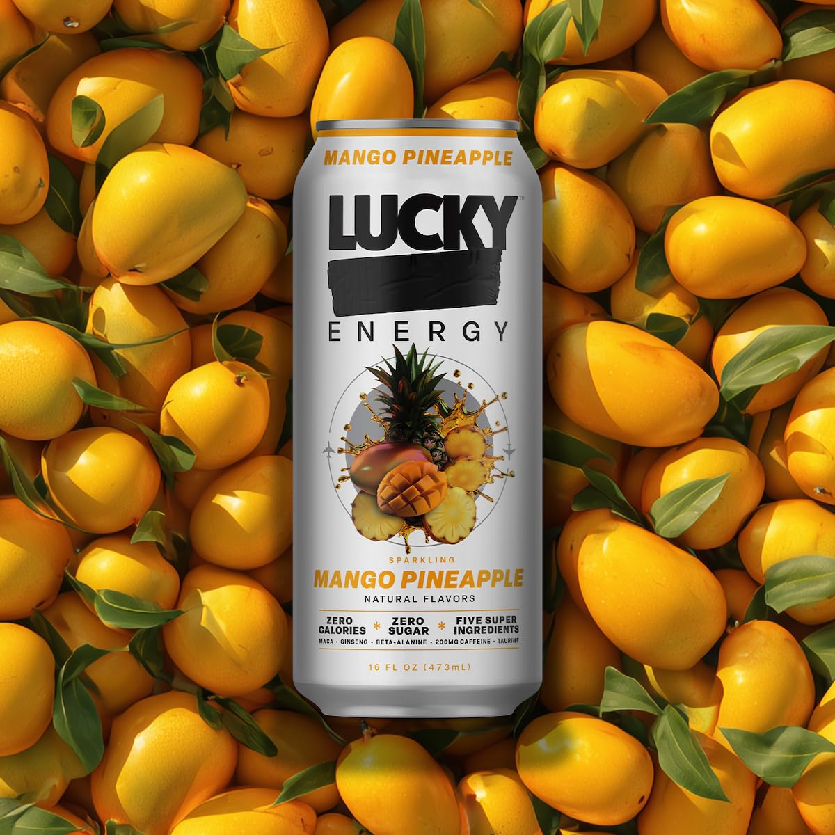 Lucky Energy Mango Pineapple Sugar-Free Energy Drink 16oz (12-Pack)