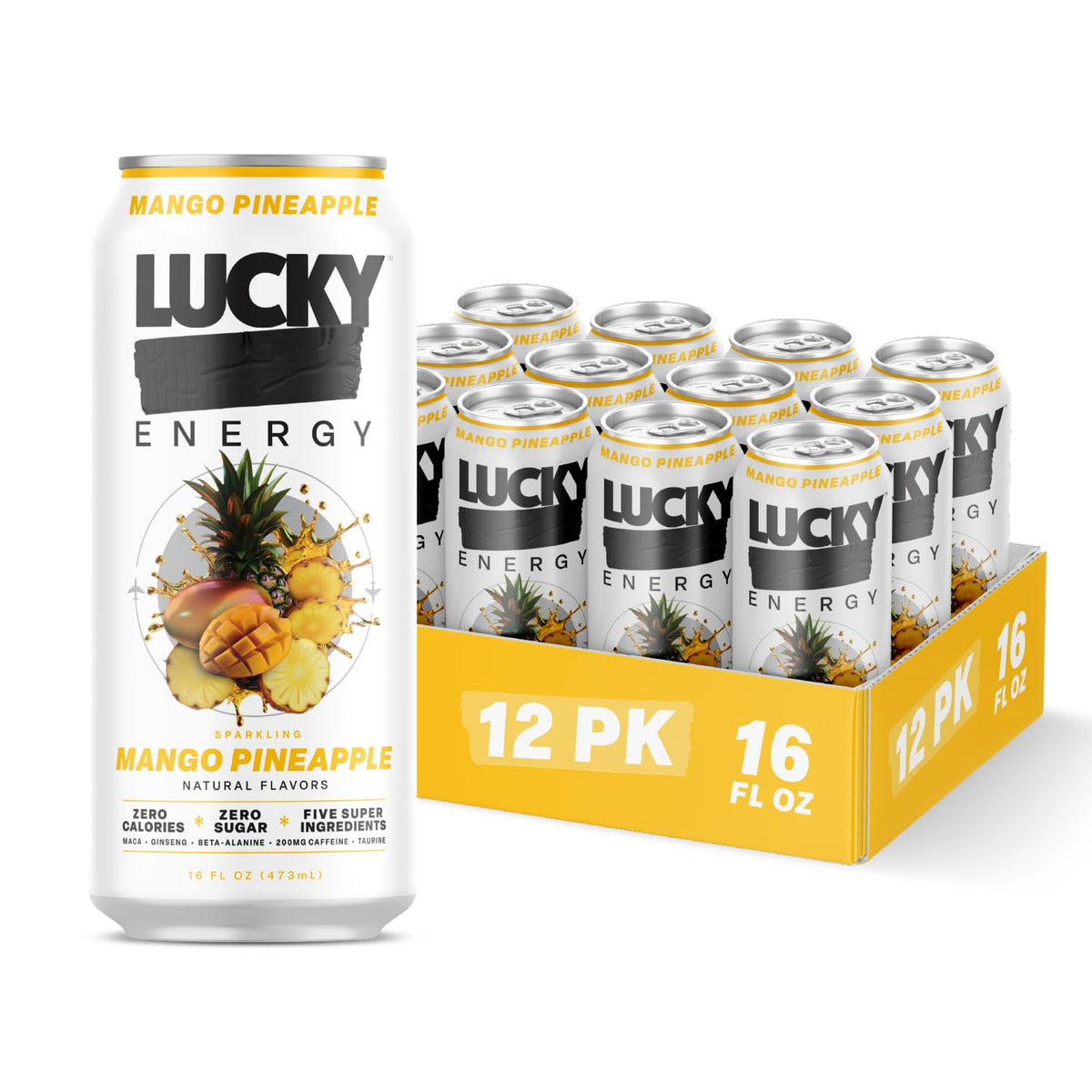 Lucky Energy Mango Pineapple Sugar-Free Energy Drink 16oz (12-Pack)
