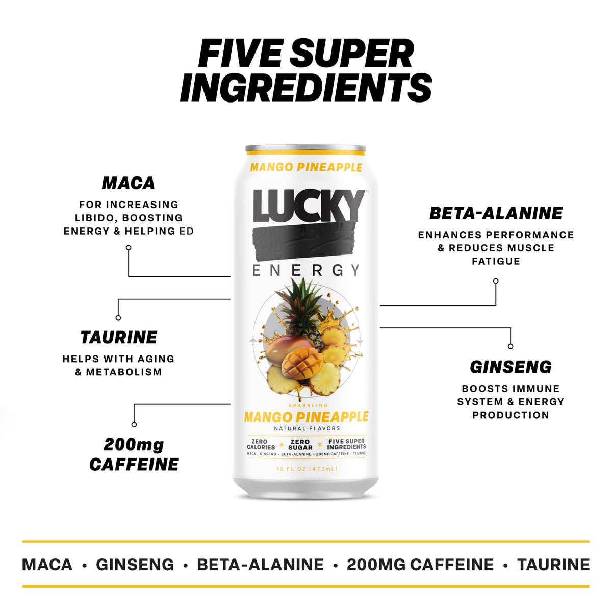 Lucky Energy Mango Pineapple Sugar-Free Energy Drink 16oz (12-Pack)