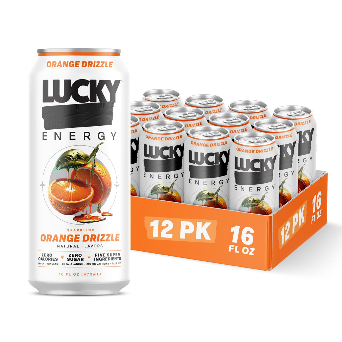 Lucky Energy Sugar Free Orange Drizzle – 16oz Can (12-Pack)