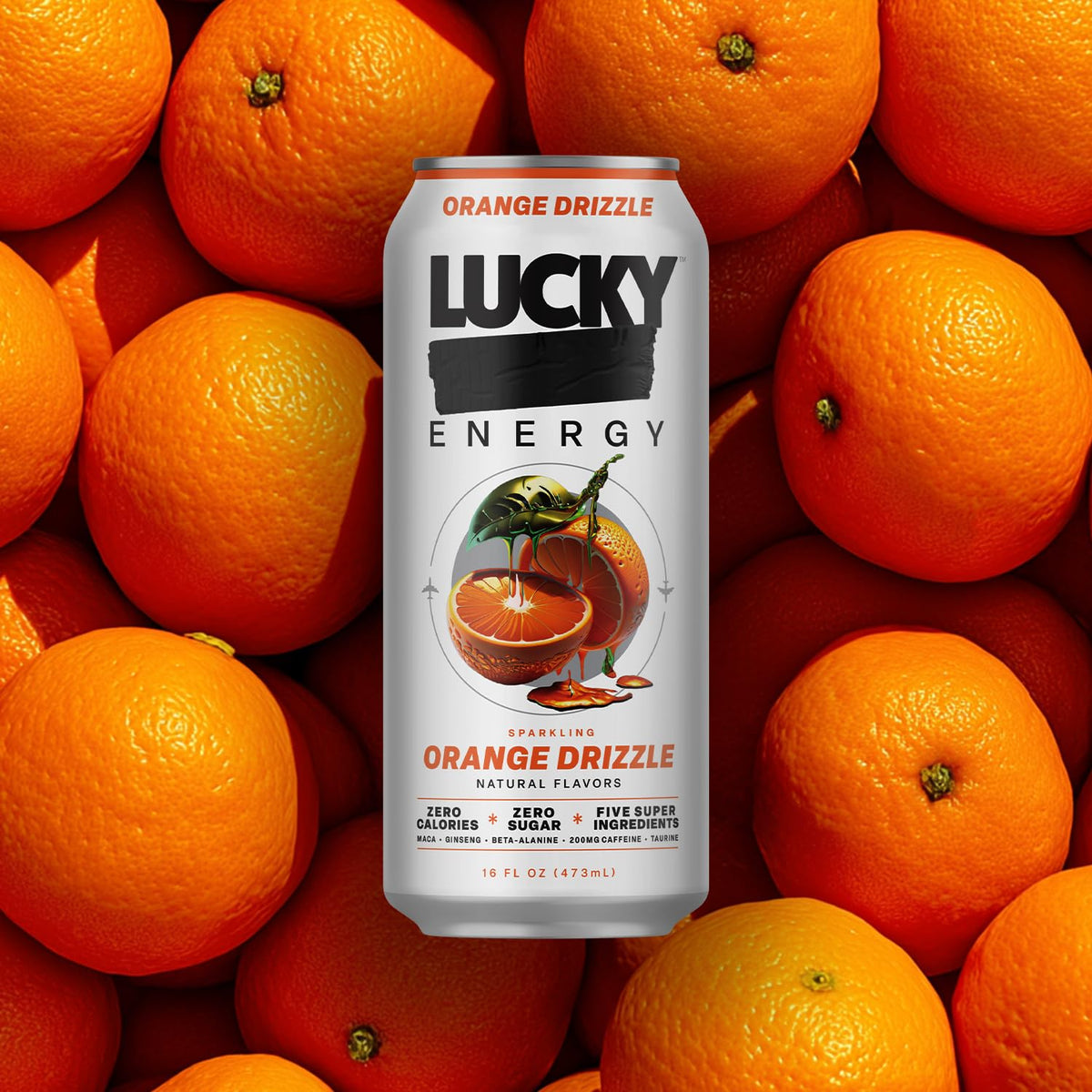 Lucky Energy Sugar Free Orange Drizzle – 16oz Can (12-Pack)