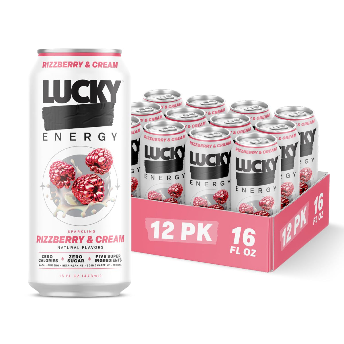 Lucky Energy Sugar Free Energy Drinks - Rizzberry & Cream, 16oz Cans (12-Pack)