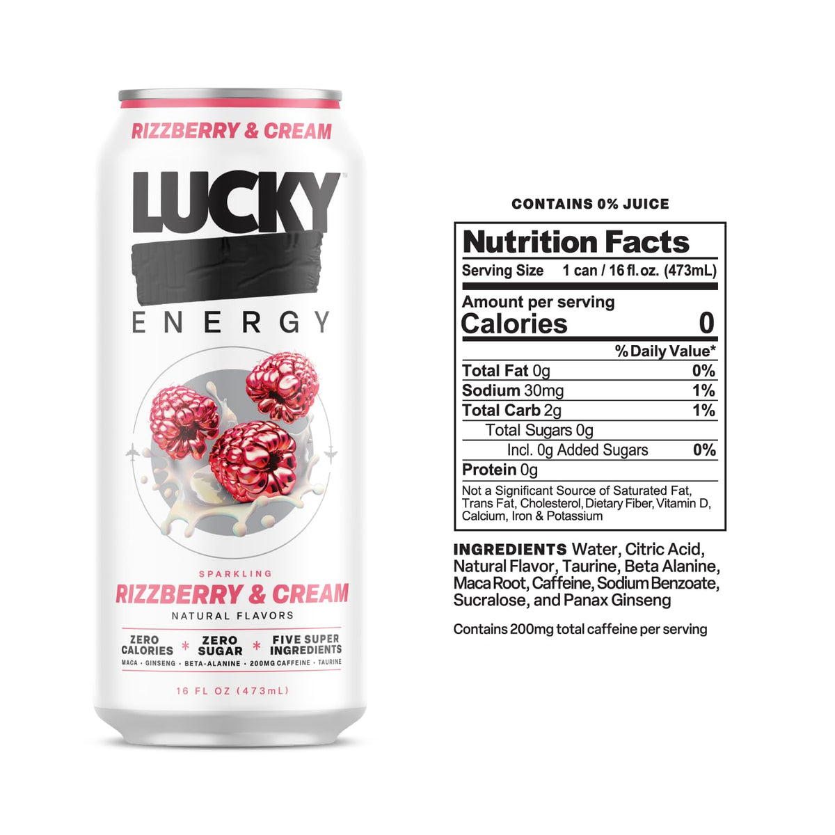 Lucky Energy Sugar Free Energy Drinks - Rizzberry & Cream, 16oz Cans (12-Pack)
