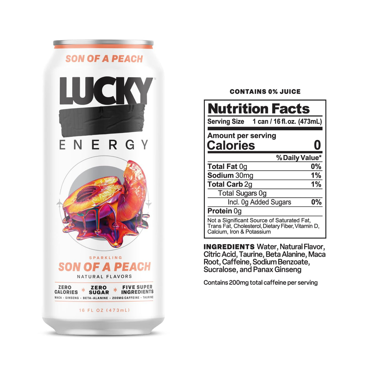 Lucky Energy Son of a Peach Sugar Free Energy Drinks – 16oz Cans, 12-Pack