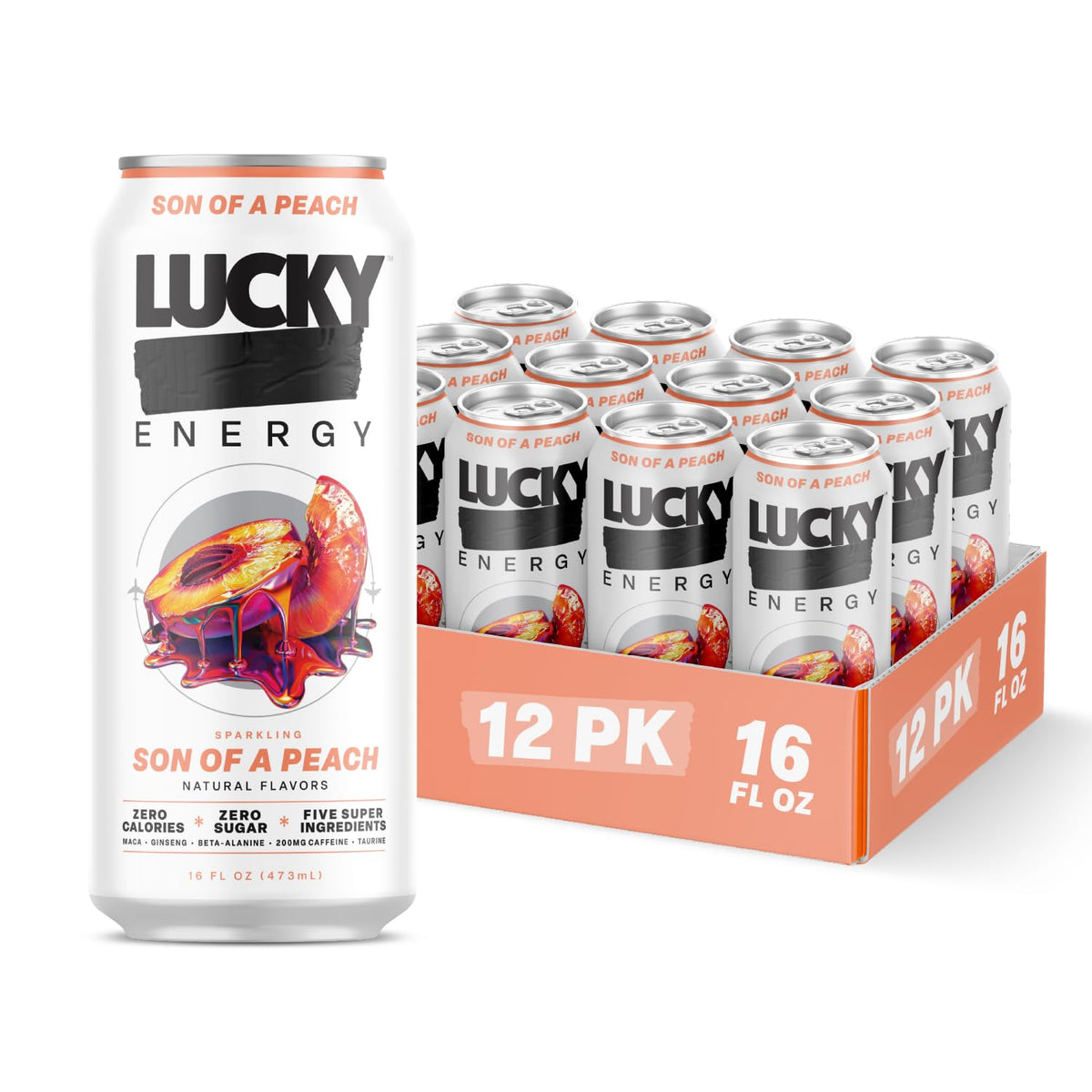 Lucky Energy Son of a Peach Sugar Free Energy Drinks – 16oz Cans, 12-Pack
