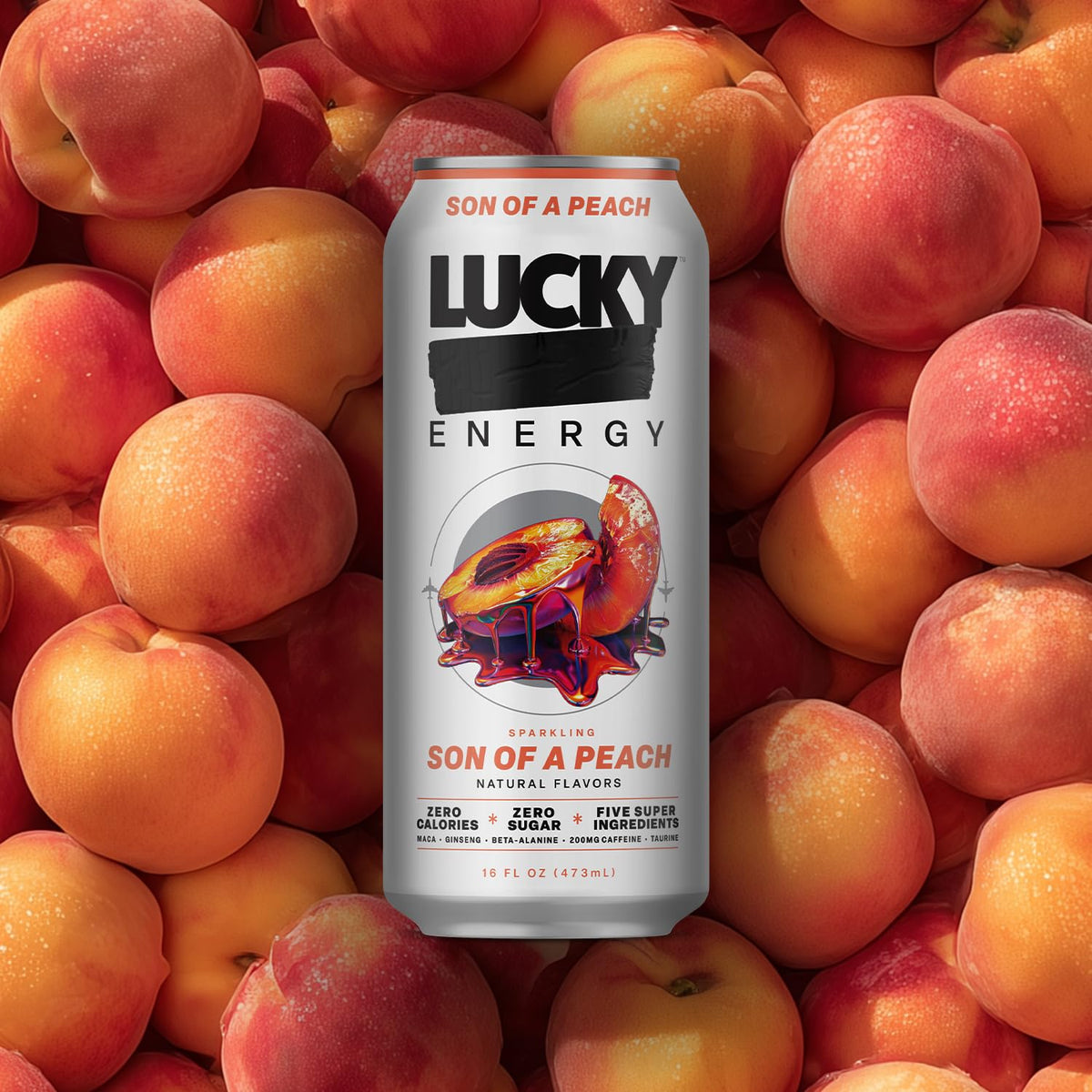 Lucky Energy Son of a Peach Sugar Free Energy Drinks – 16oz Cans, 12-Pack