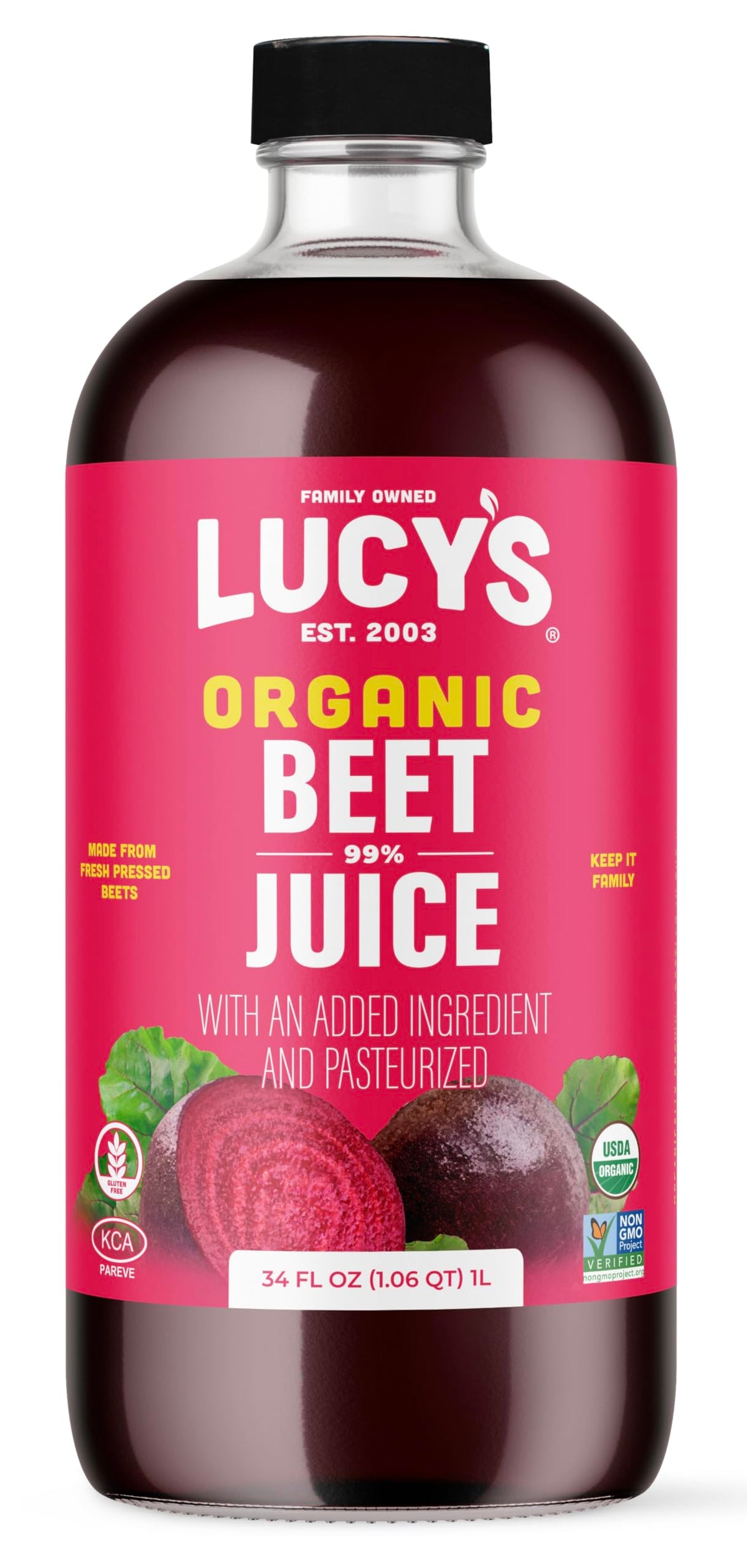 Lucy’s Organic Beet Juice – 34 oz Glass Bottle, Fresh Pressed & Pasteurized