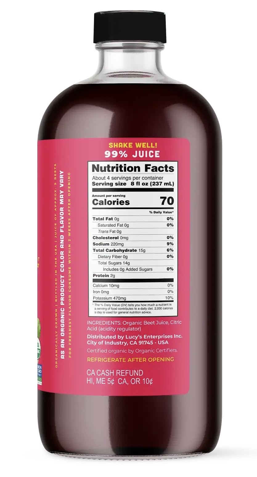 Lucy’s Organic Beet Juice – 34 oz Glass Bottle, Fresh Pressed & Pasteurized
