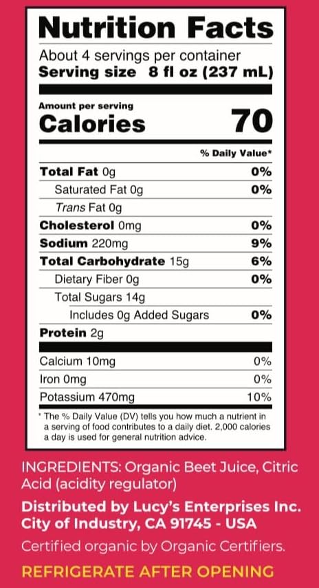 Lucy’s Organic Beet Juice – 34 oz Glass Bottle, Fresh Pressed & Pasteurized