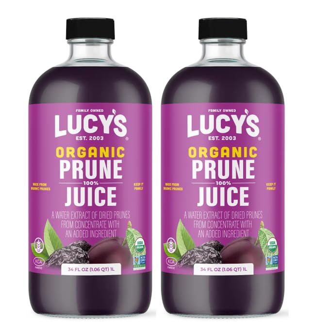 Lucy’s Family Owned Organic Prune Juice — 2 x 34oz Glass Bottles, 100% Prune Juice