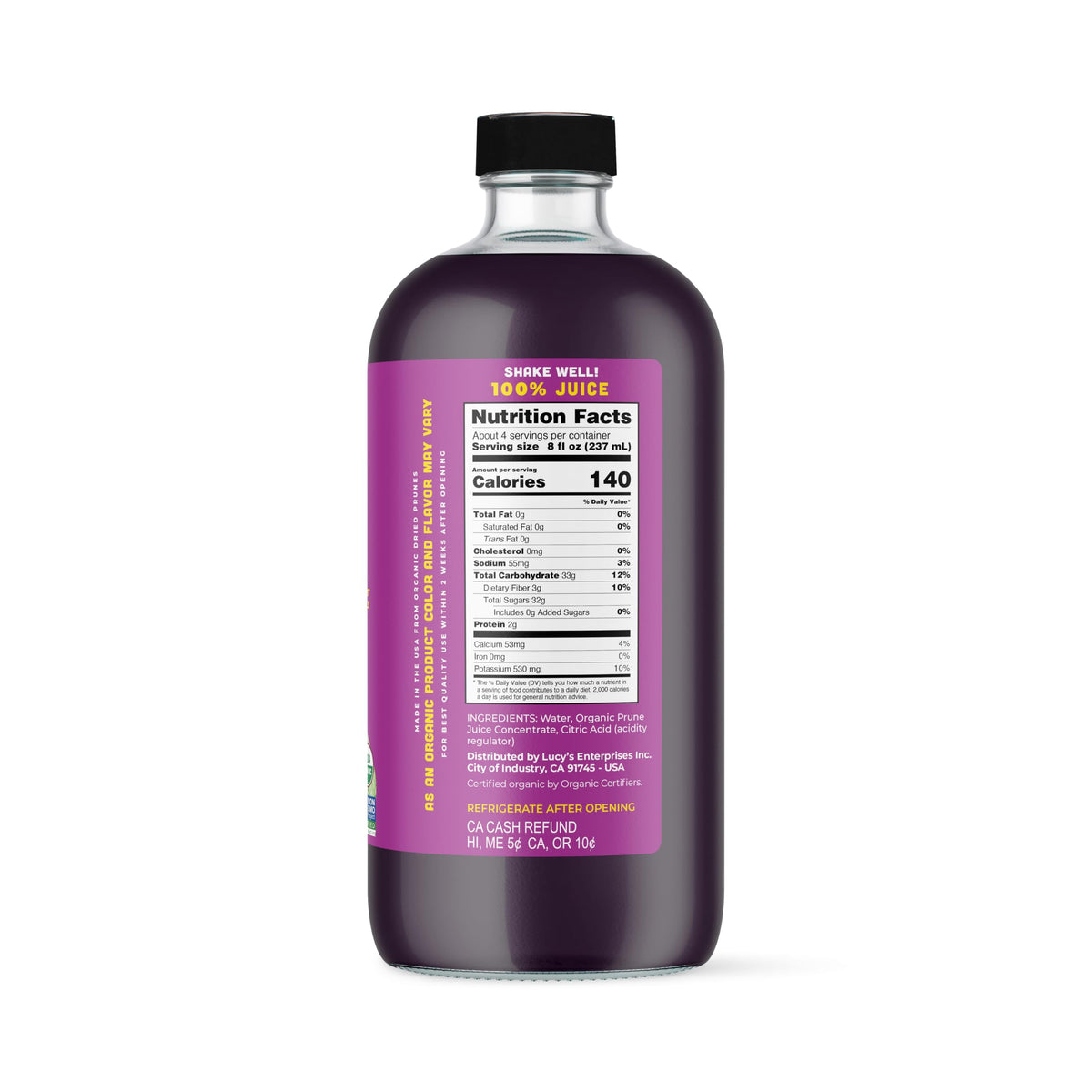 Lucy’s Family Owned Organic Prune Juice — 2 x 34oz Glass Bottles, 100% Prune Juice