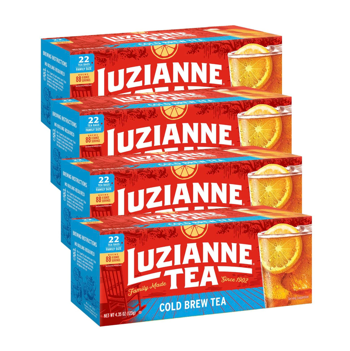 Luzianne Unsweetened Cold Brew Black Iced Tea Bags – Family Size 22ct Box (Pack of 4)