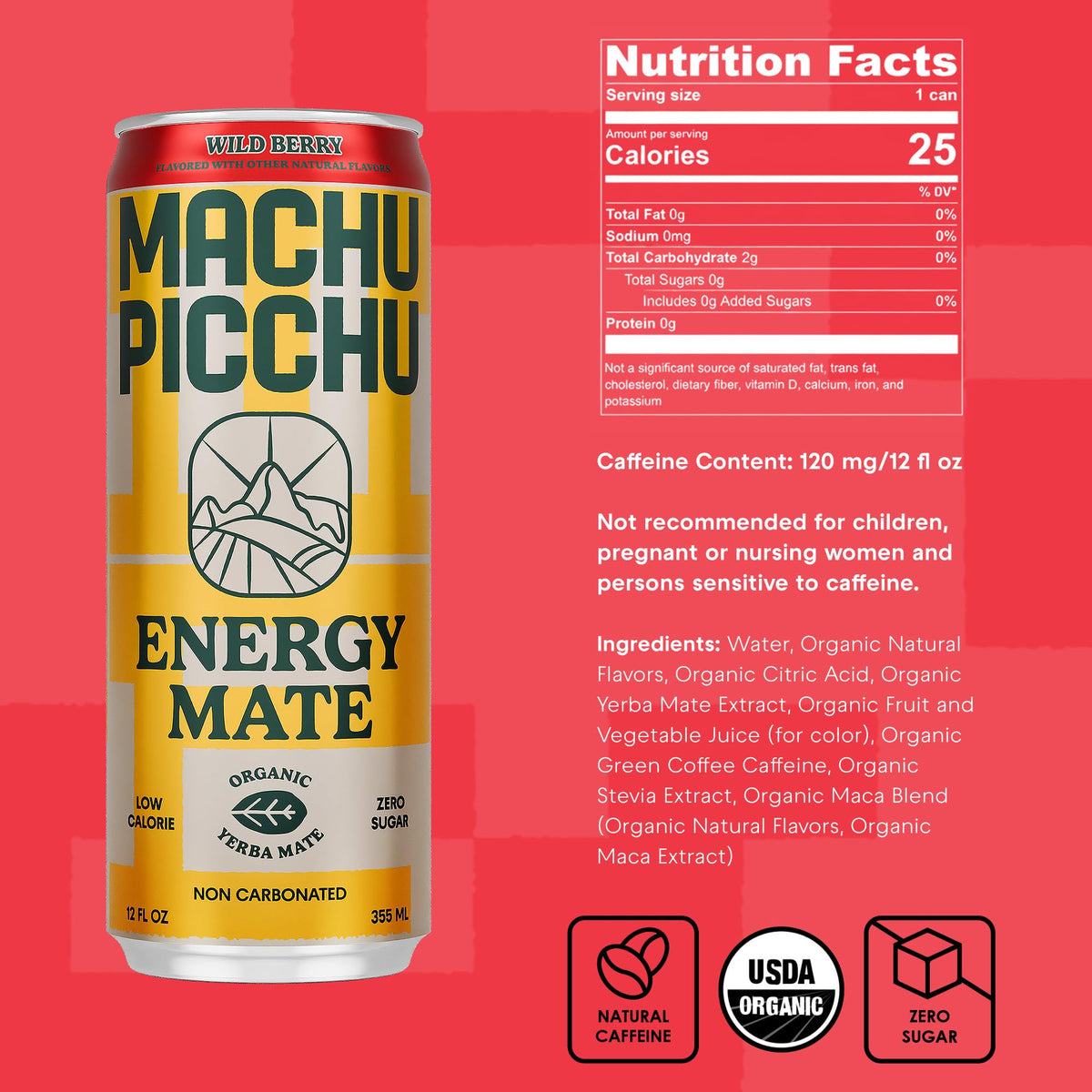MACHU PICCHU 12-Pack Wild Berry Energy Mate: Zero Sugar, 120mg Organic Caffeine, Non-Carbonated