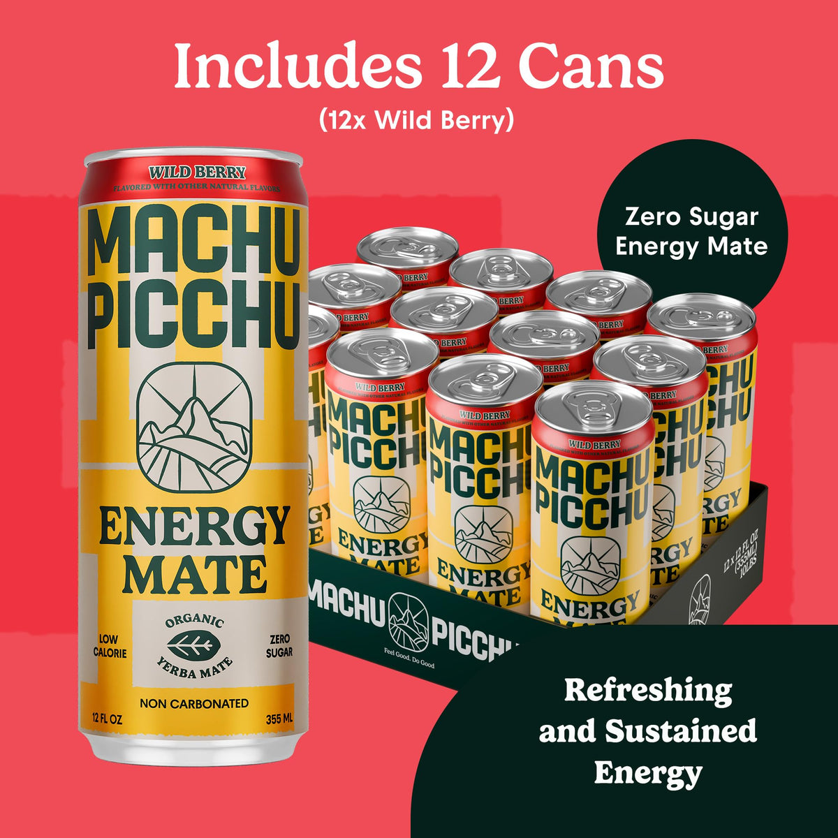 MACHU PICCHU 12-Pack Wild Berry Energy Mate: Zero Sugar, 120mg Organic Caffeine, Non-Carbonated