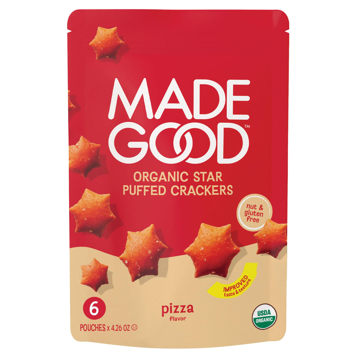Made Good Star Puffed Crackers – Pizza Flavor, Gluten Free, Organic Snack Pack (6 Bags, 4.26 oz Each)