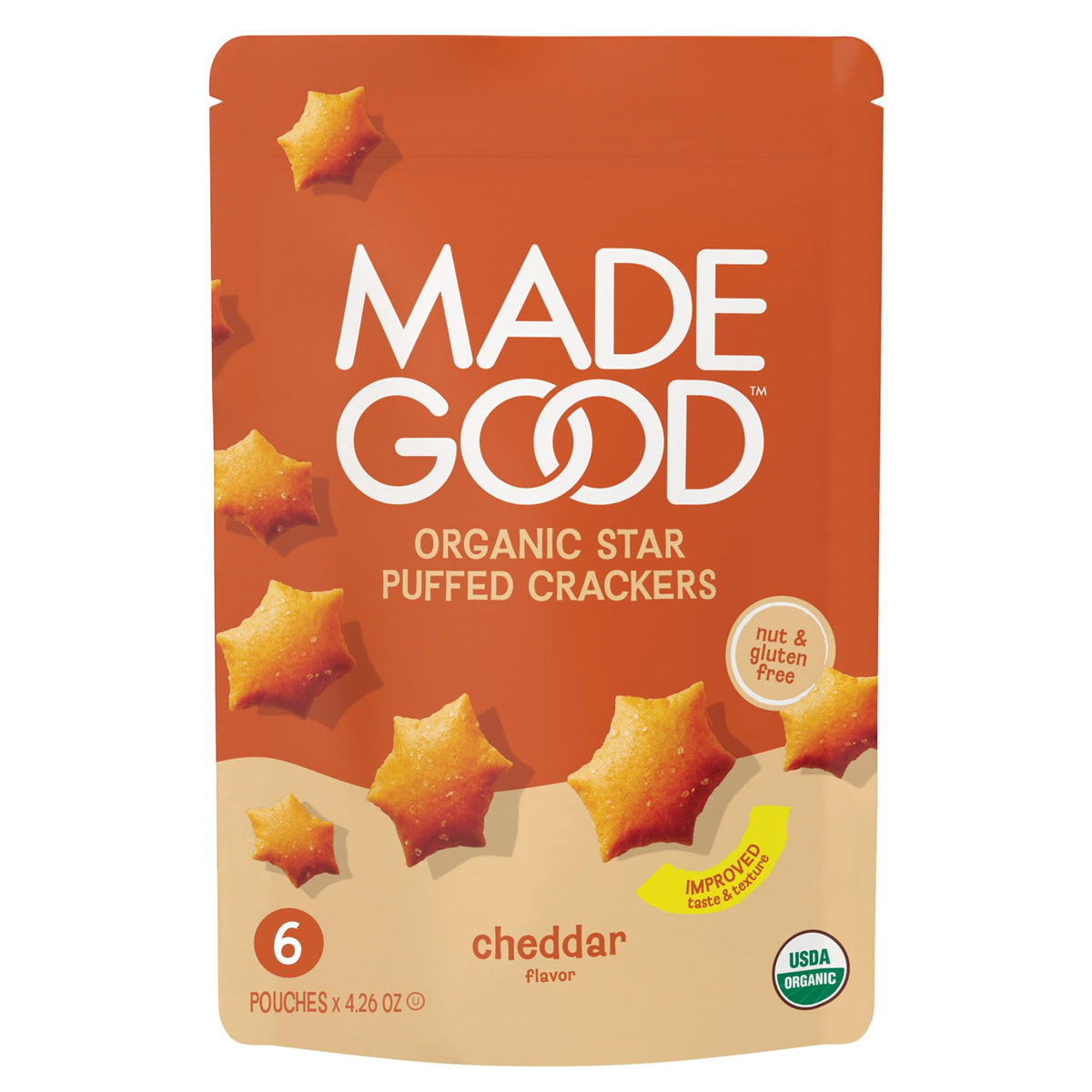 MadeGood Cheddar Star Puffed Crackers — Gluten Free, Organic Snack Pack (6 Bags, 4.26 oz Each)