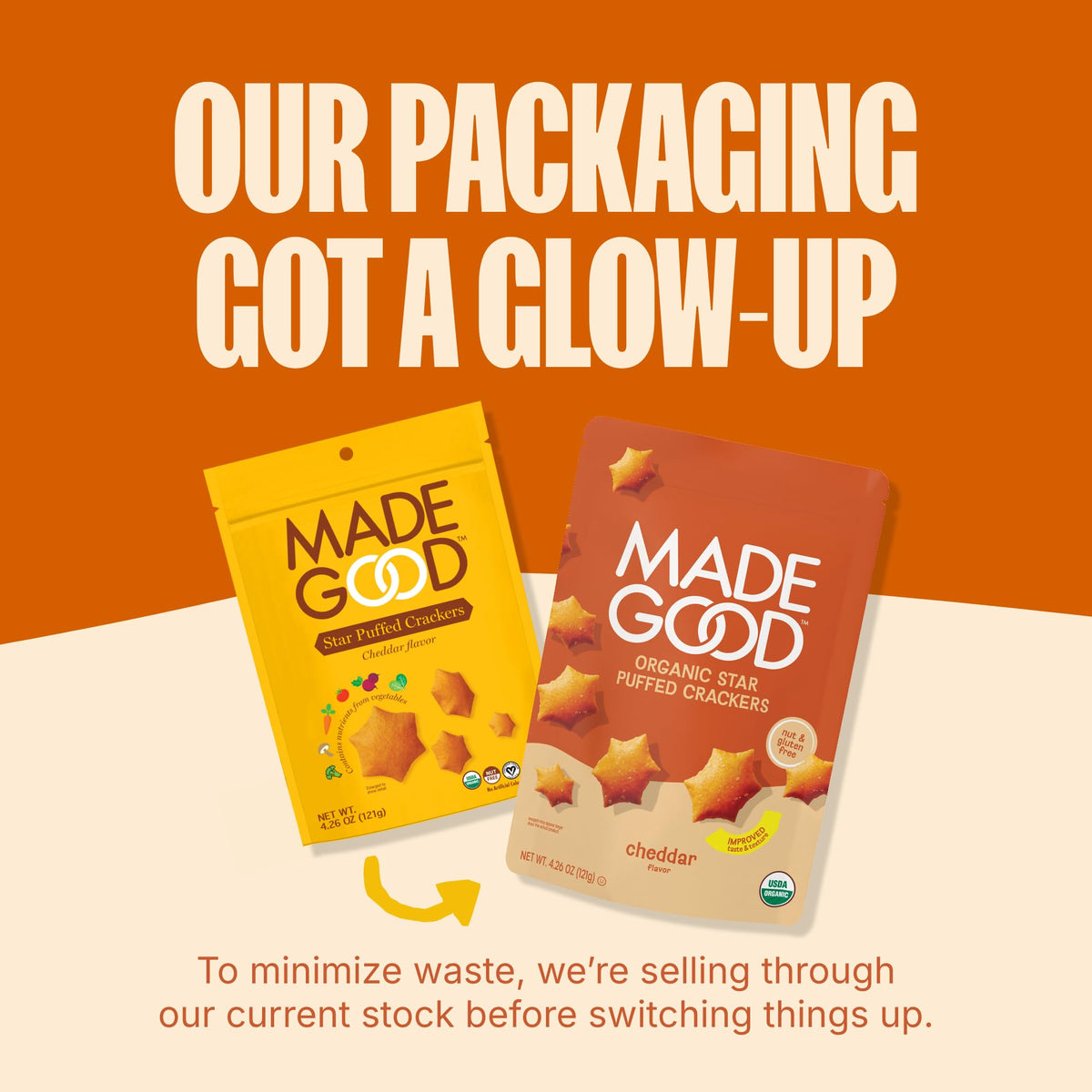 MadeGood Cheddar Star Puffed Crackers — Gluten Free, Organic Snack Pack (6 Bags, 4.26 oz Each)