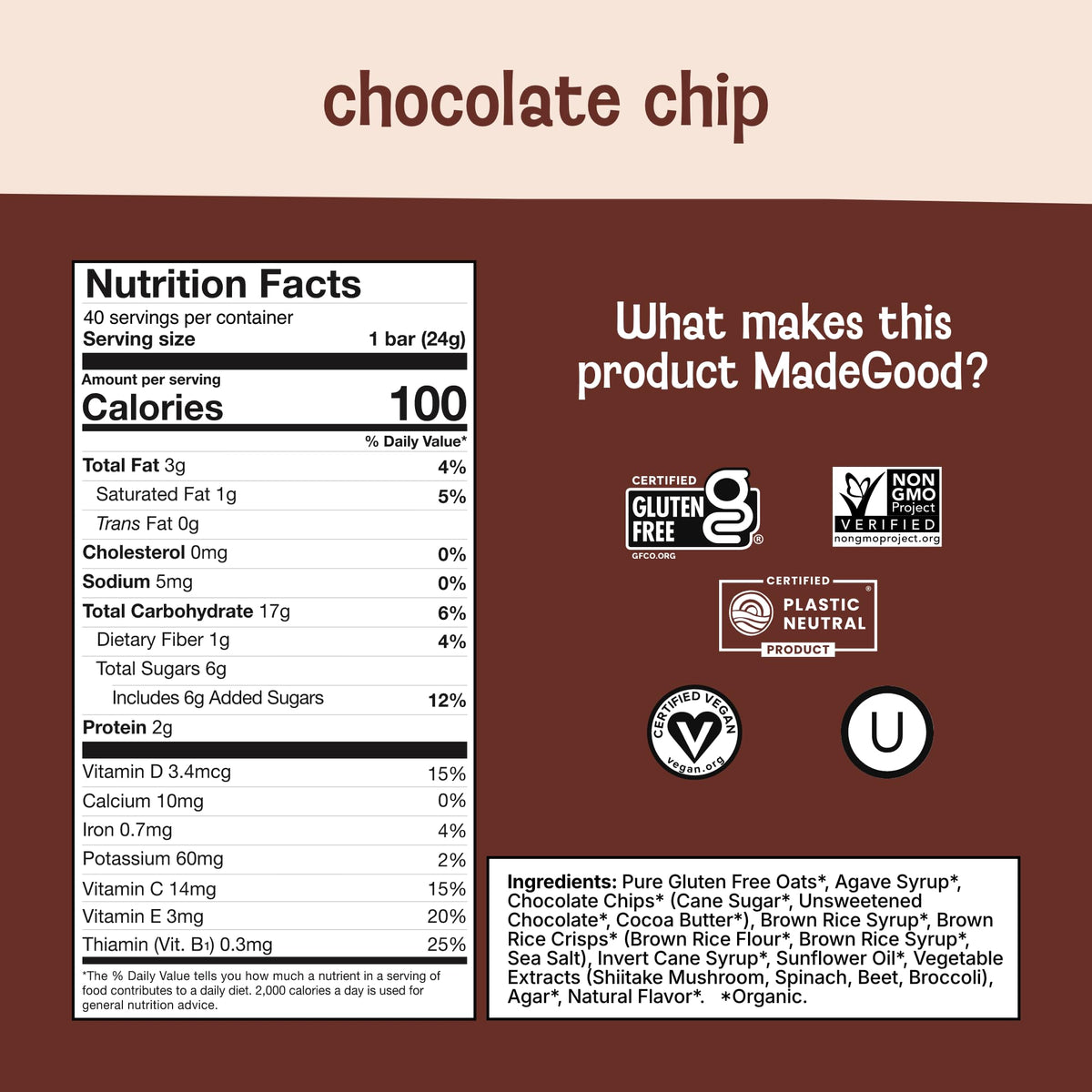 MadeGood Chocolate Chip Granola Bars - Gluten Free, 40 Count, Veggie Nutrients