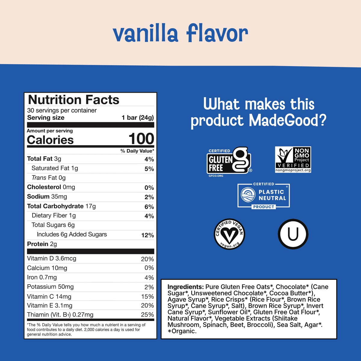 MadeGood Chocolate Drizzled Granola Bars, Vanilla – 30 Count, Bulk Gluten Free Snacks