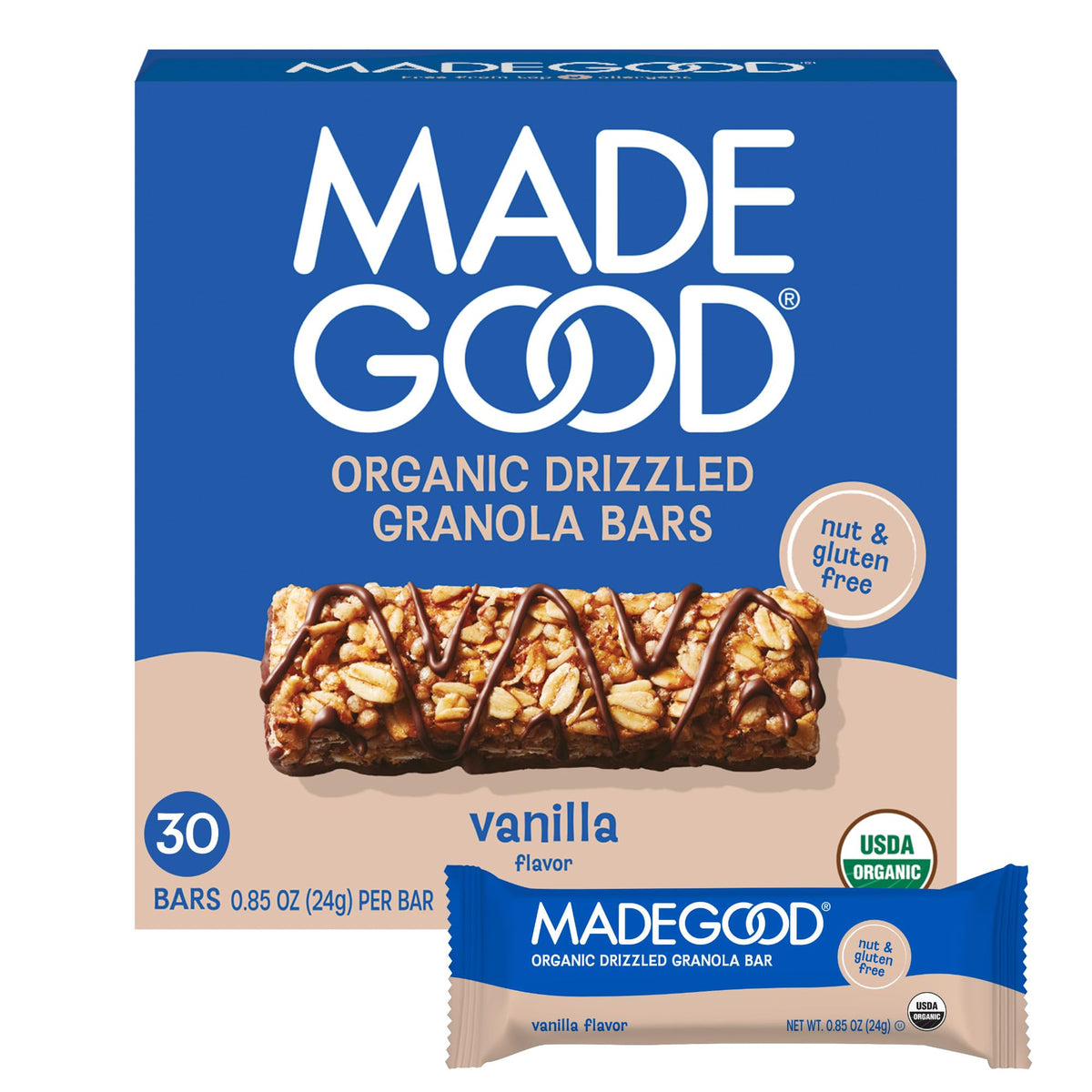MadeGood Chocolate Drizzled Granola Bars, Vanilla – 30 Count, Bulk Gluten Free Snacks