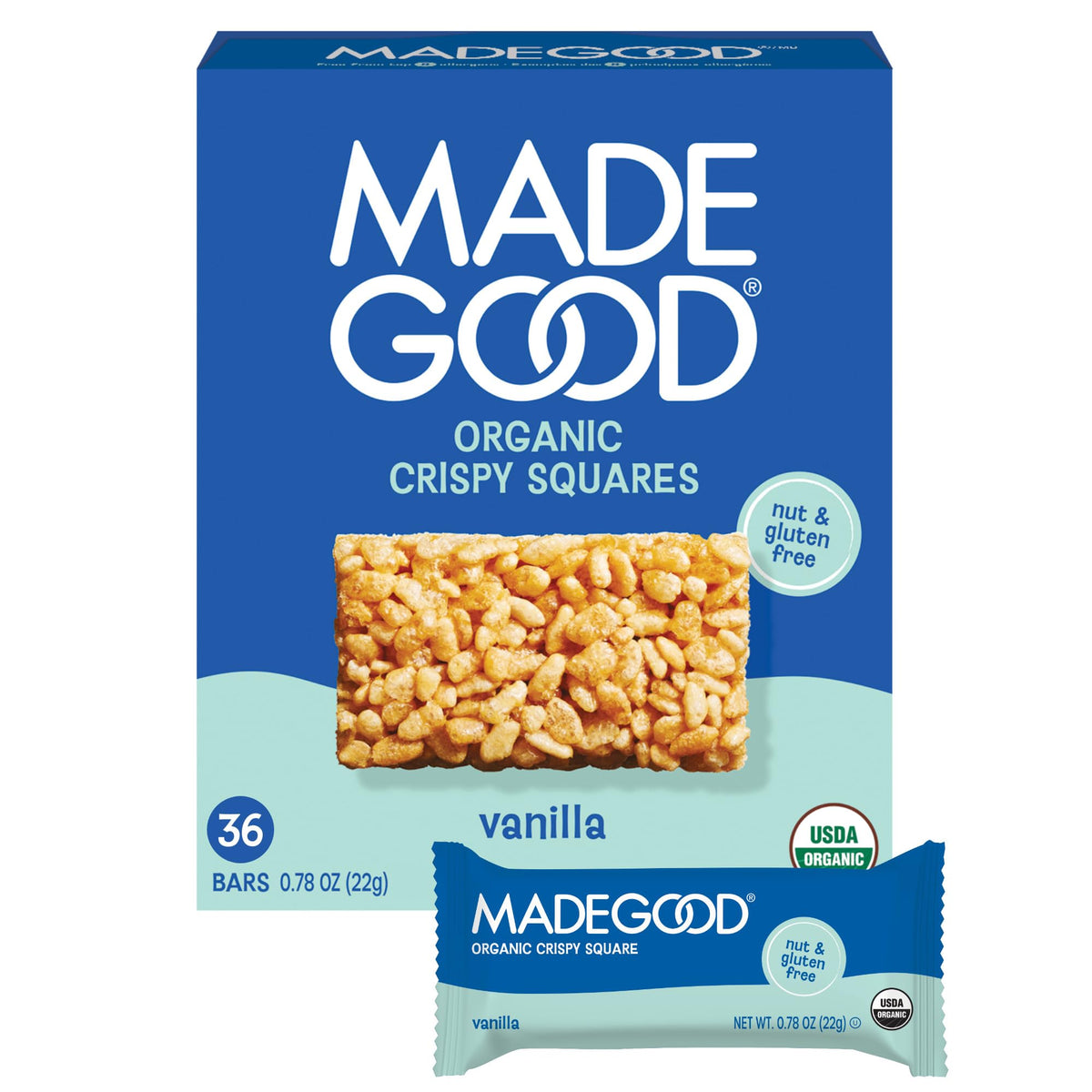 MadeGood Crispy Squares Vanilla – Gluten Free, Organic, Vegan Snack (36 Count)