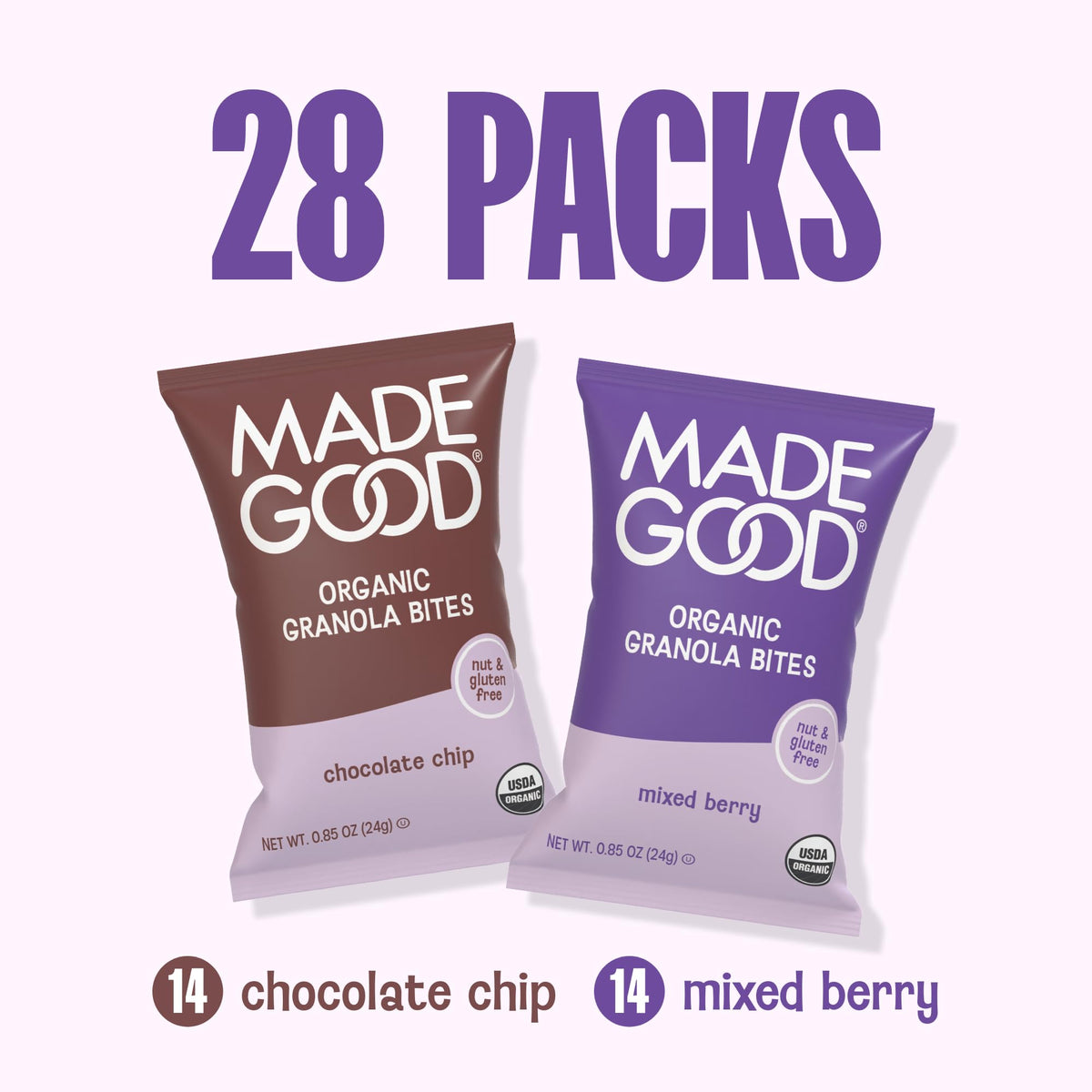 MadeGood Granola Bites Chocolate Chip & Mixed Berry Variety Pack – 28 Count, Gluten Free & Organic