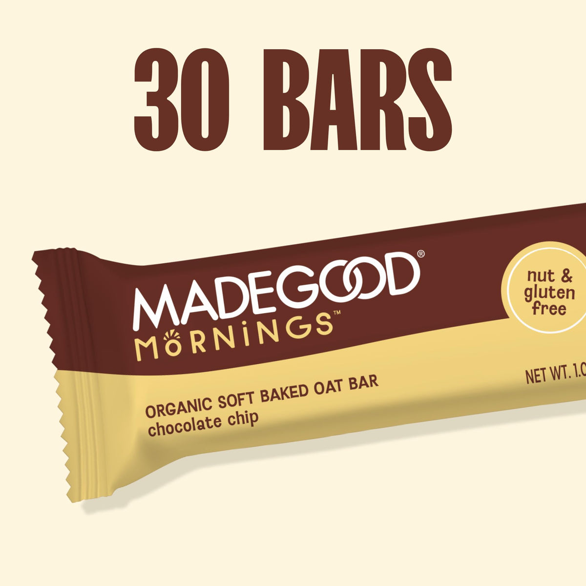 MadeGood Mornings Soft Baked Breakfast Bars – Chocolate Chip, Gluten Free, 30 Count