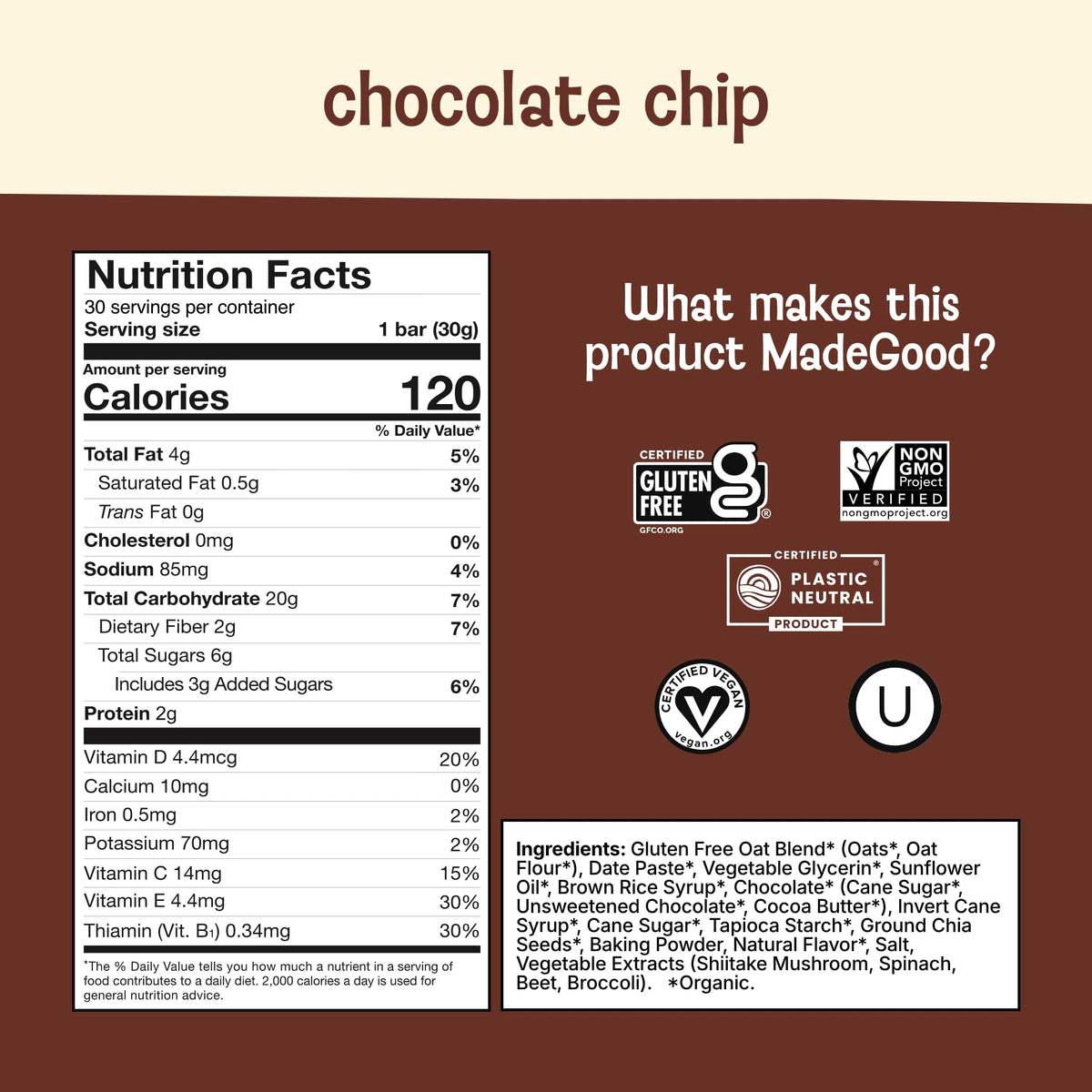 MadeGood Mornings Soft Baked Breakfast Bars – Chocolate Chip, Gluten Free, 30 Count