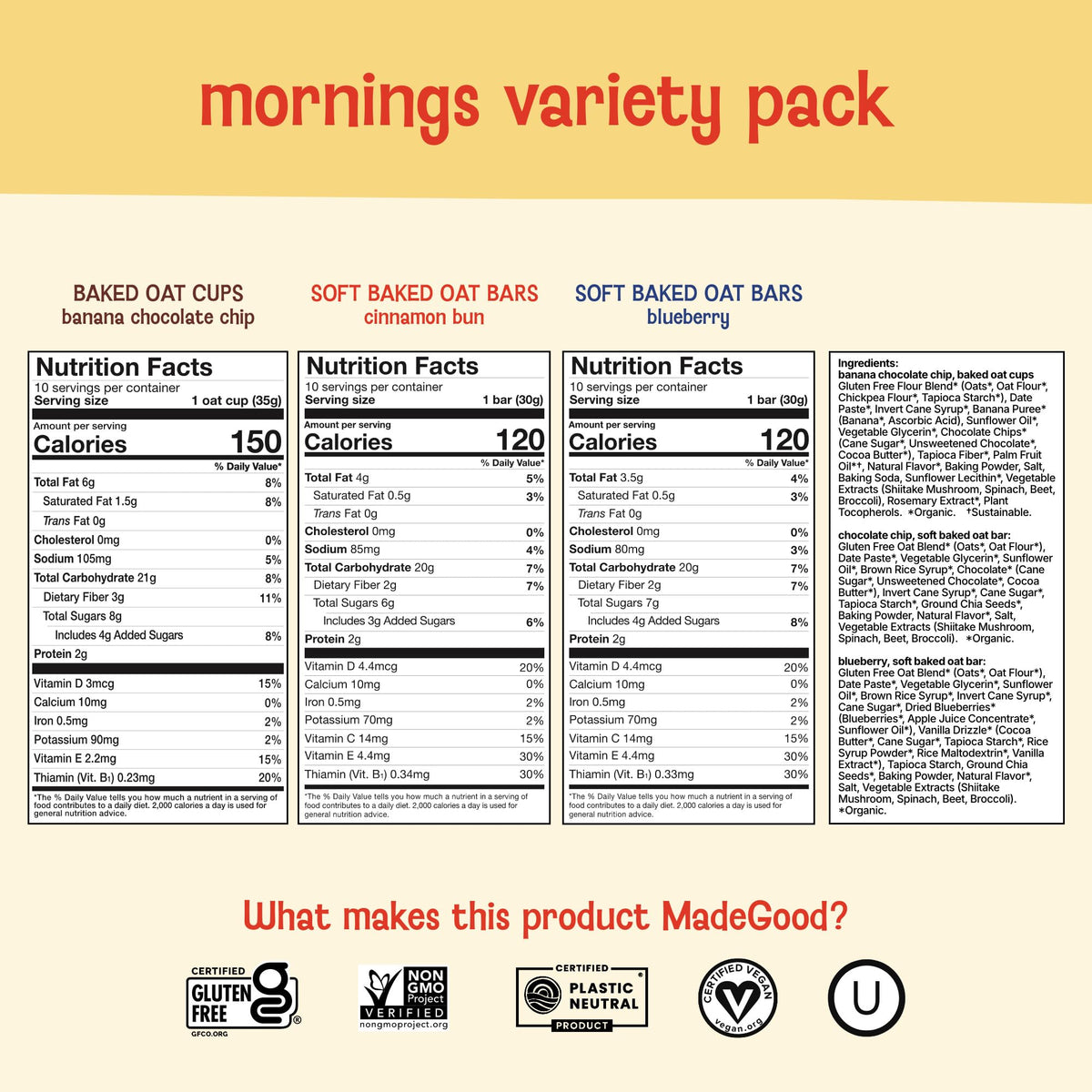 MadeGood Mornings Soft-Baked Oat Bars & Oat Cups Variety Pack (30 Count) – Organic, Allergen-Friendly