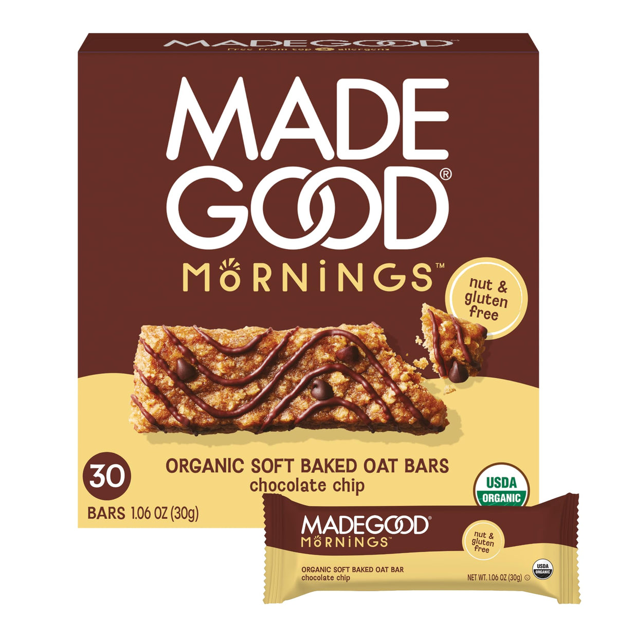 MadeGood Mornings Soft Baked Breakfast Bars – Chocolate Chip, Gluten Free, 30 Count