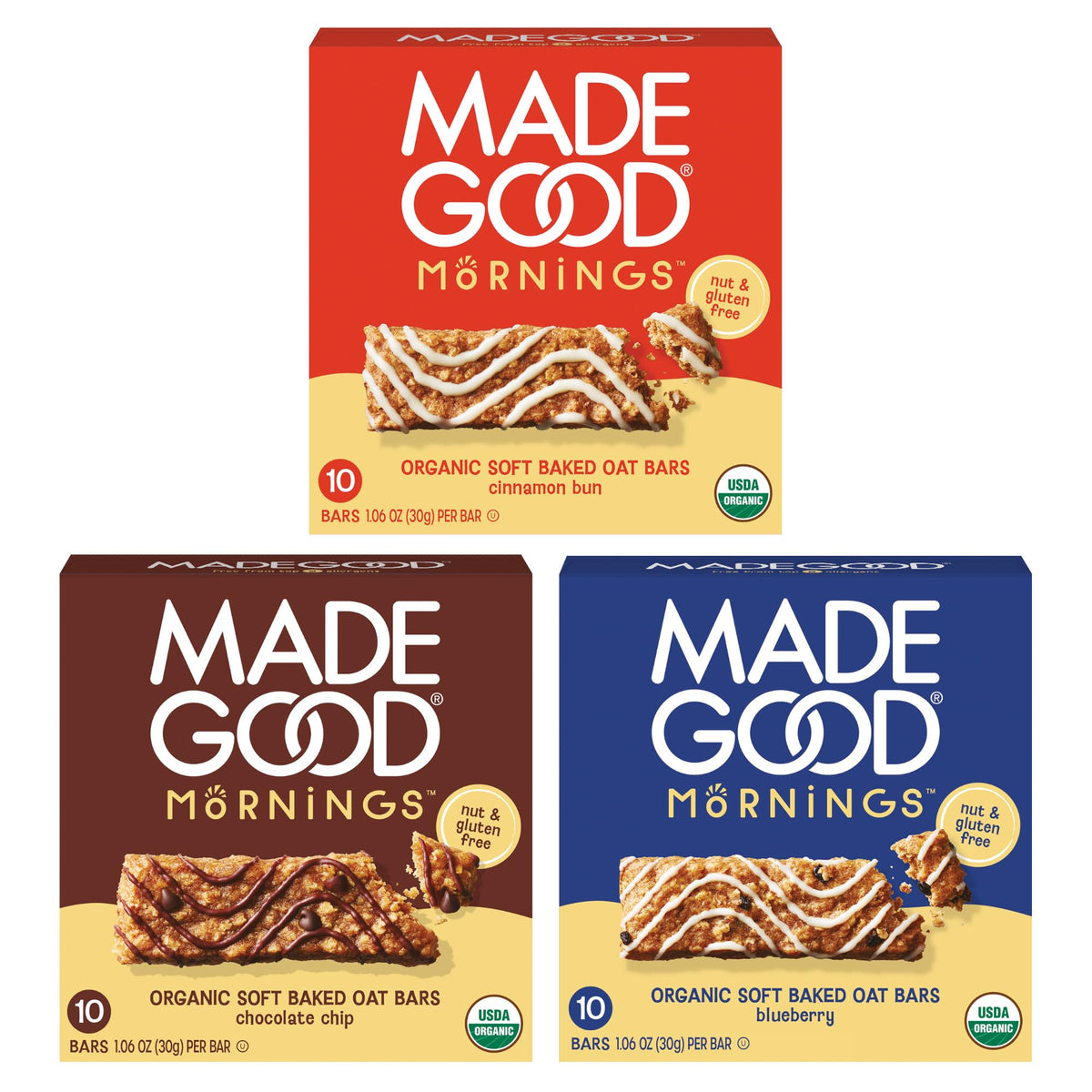 MadeGood Mornings Soft-Baked Oat Bars Variety Pack (30 Count) – Gluten-Free, Organic, Allergy-Friendly
