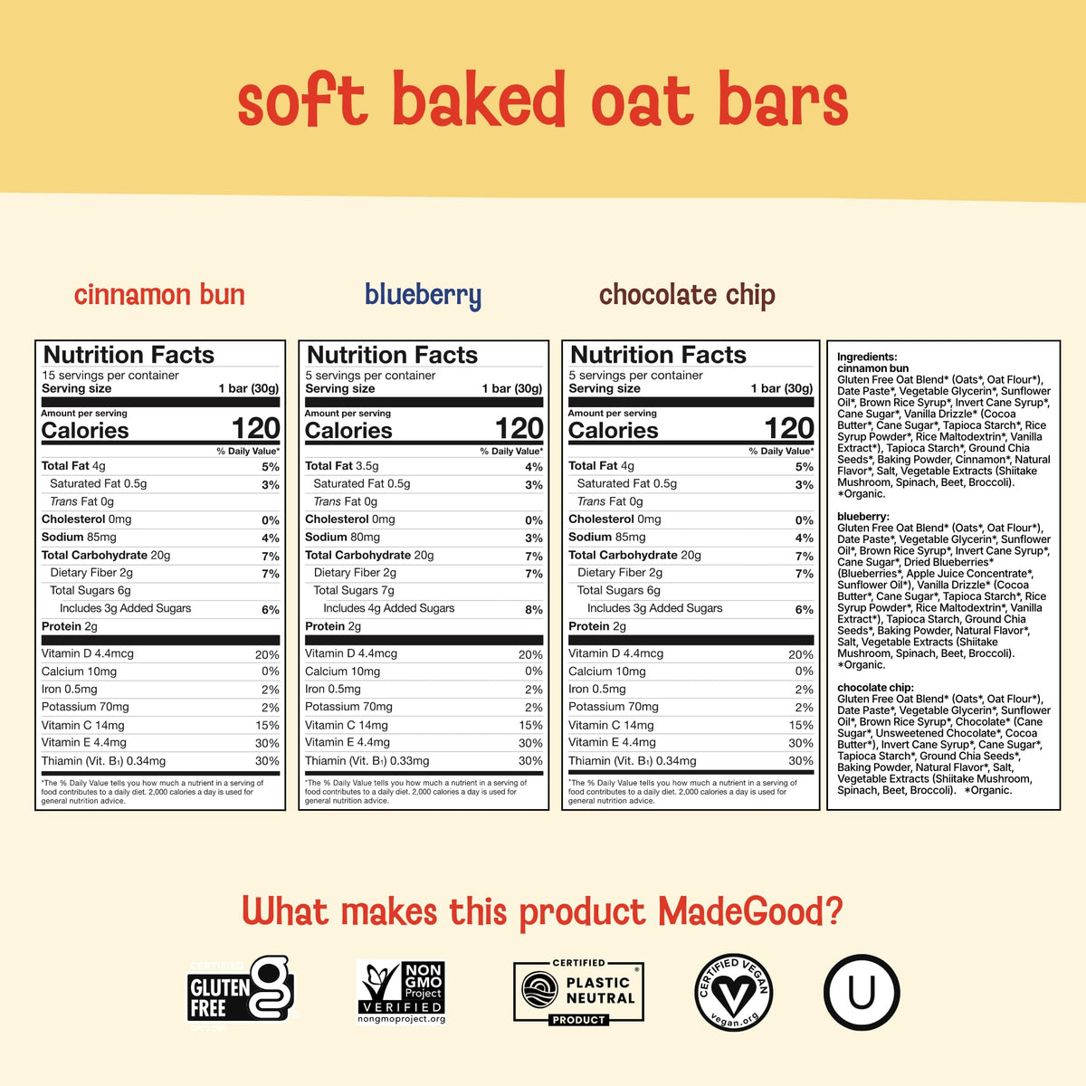MadeGood Mornings Soft-Baked Oat Bars Variety Pack (30 Count) – Gluten-Free, Organic, Allergy-Friendly