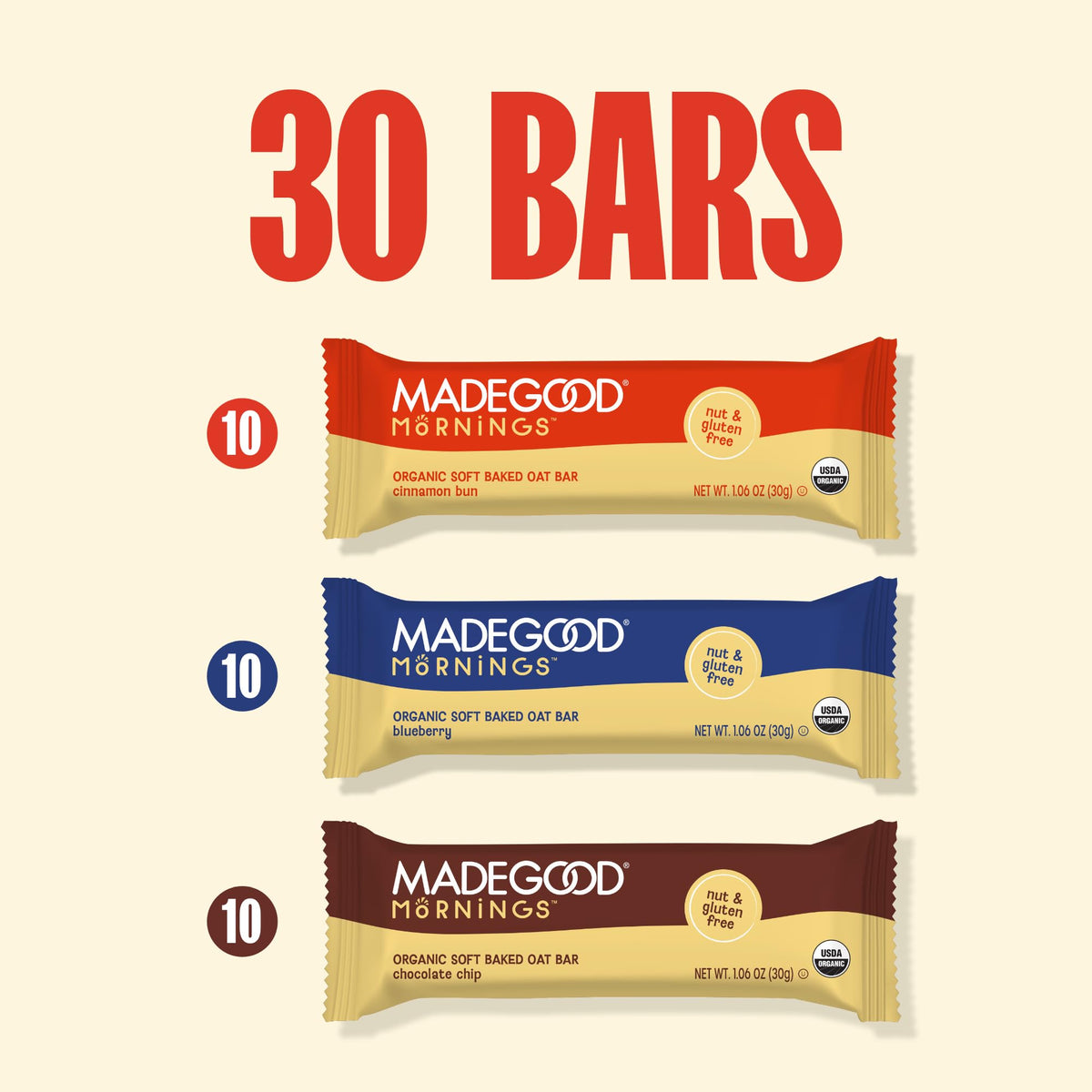 MadeGood Mornings Soft-Baked Oat Bars Variety Pack (30 Count) – Gluten-Free, Organic, Allergy-Friendly