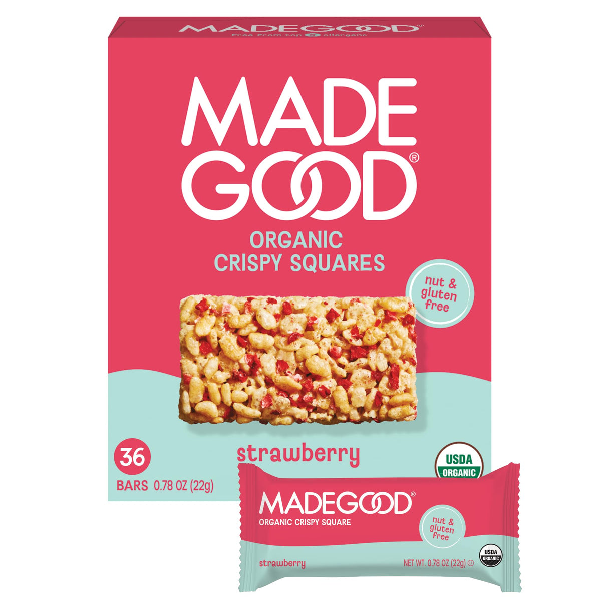 MadeGood Crispy Squares Strawberry – Gluten Free Snack Bars, 36 Count