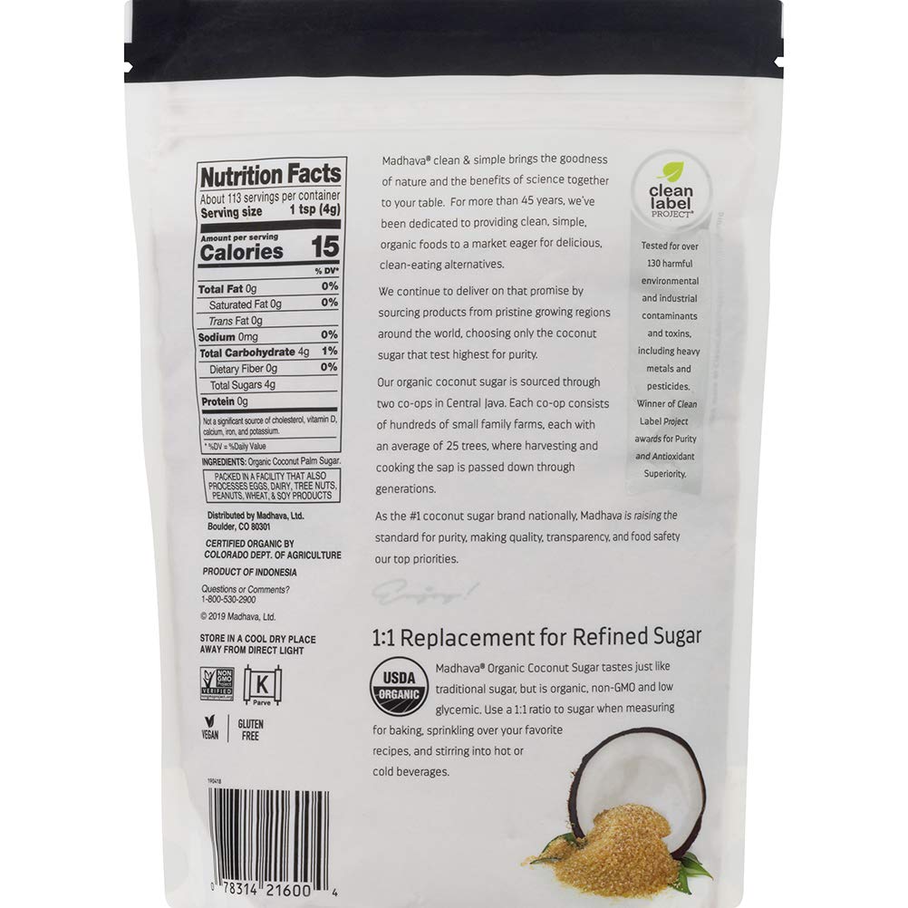 MADHAVA Organic Coconut Sugar (6-Pack, 16 oz) — Unrefined Natural Sweetener for Baking & Beverages