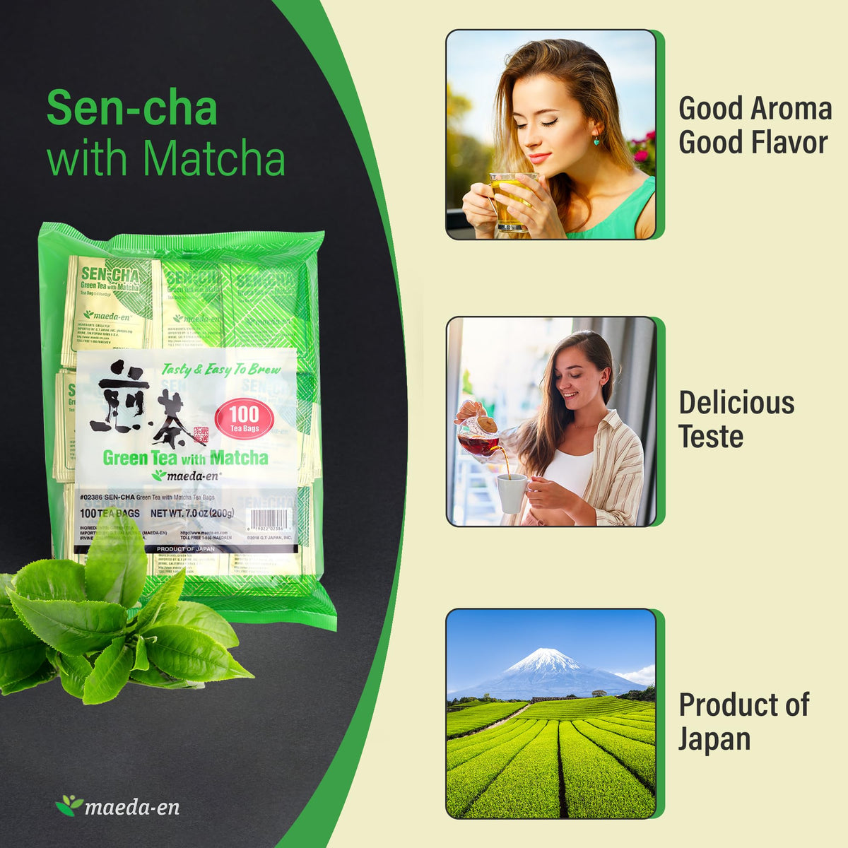 MAEDA-EN Sen-cha with Matcha Tea Bags – Japanese Green Tea, 100 Count