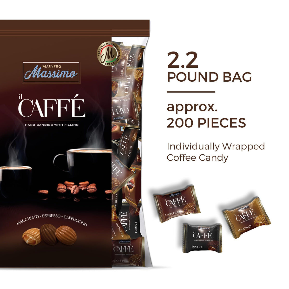 Maestro Massimo Assorted Coffee Candy – 2.2 lb Bulk Bag, 3mg Caffeine per Candy, Espresso, Macchiato & Cappuccino