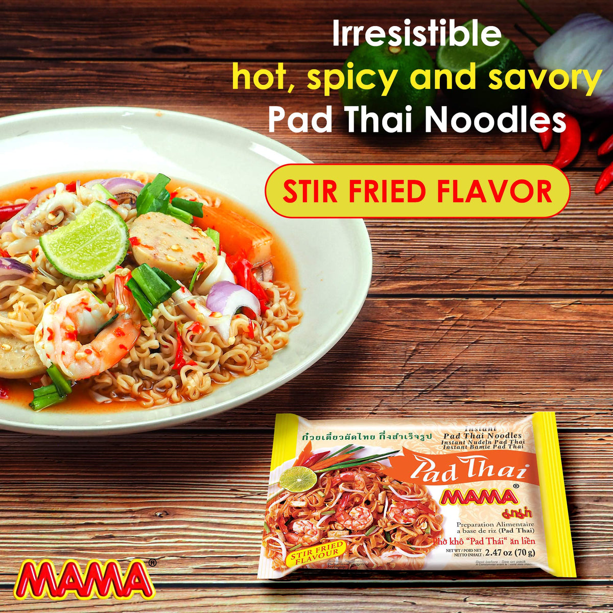 MAMA Pad Thai Noodles – Spicy Instant Noodles, 30-Pack, No Trans Fat