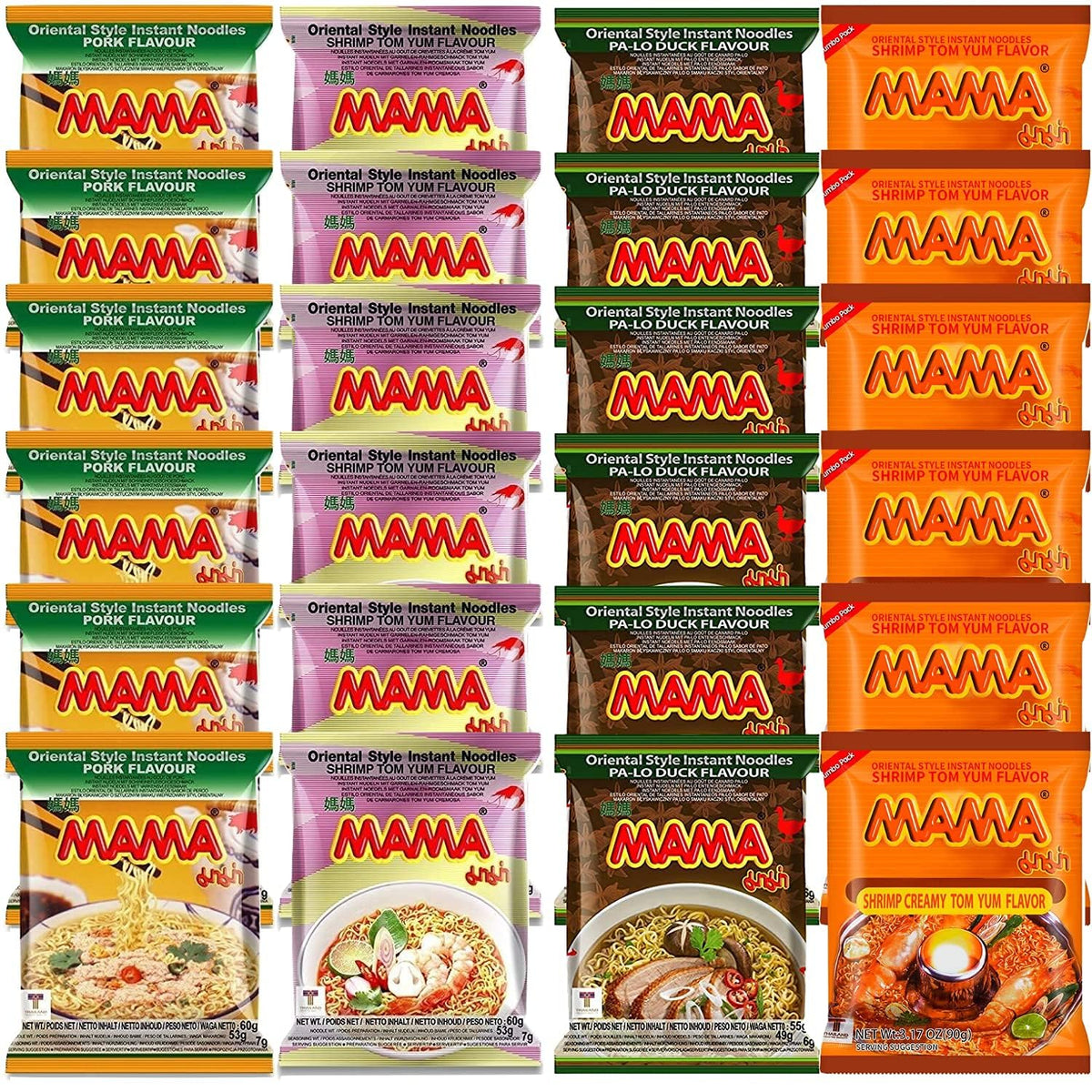 Mama Ramen Thai Noodle – 24 Bags, 4 Flavors + Long Handle Spoon