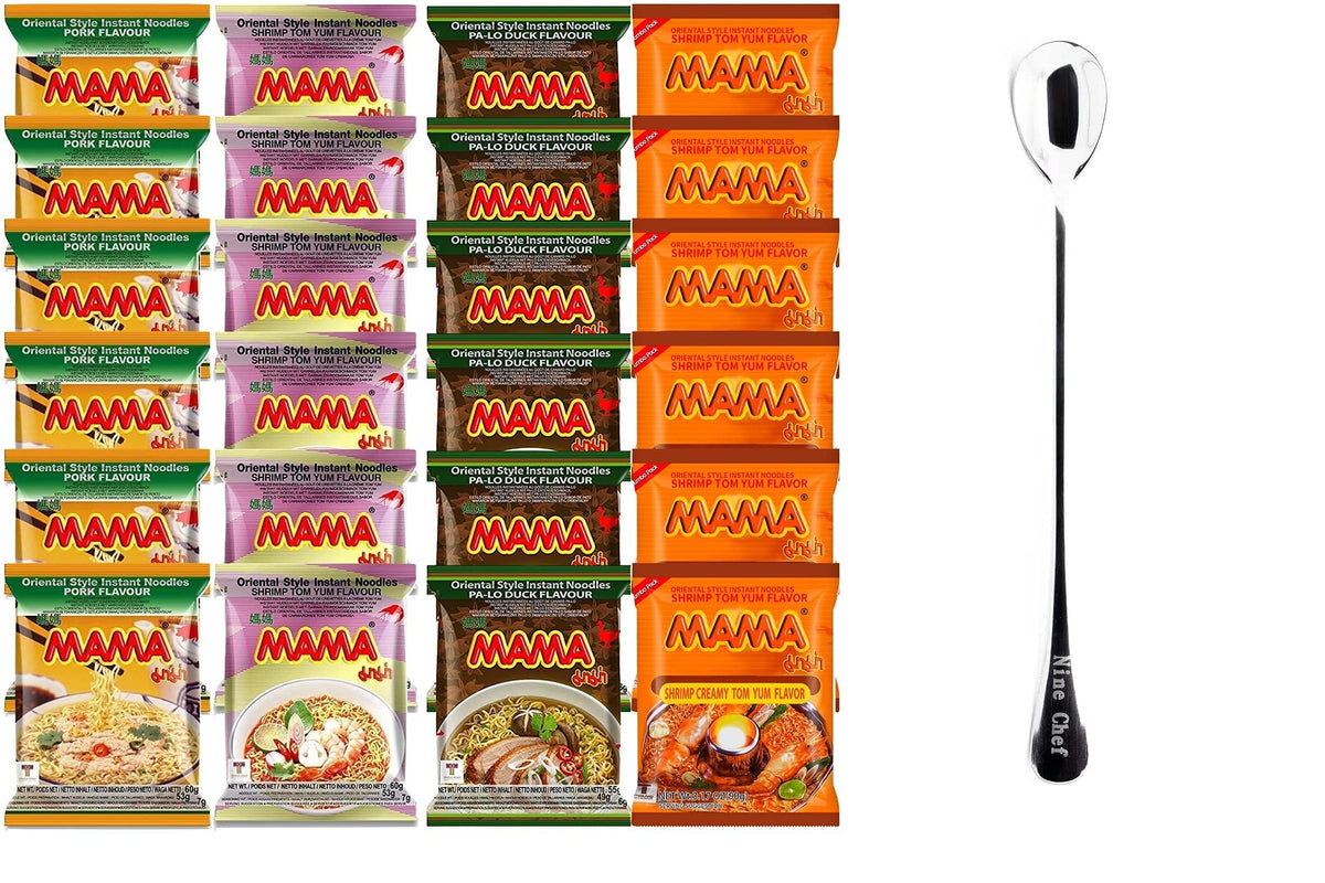 Mama Ramen Thai Noodle – 24 Bags, 4 Flavors + Long Handle Spoon