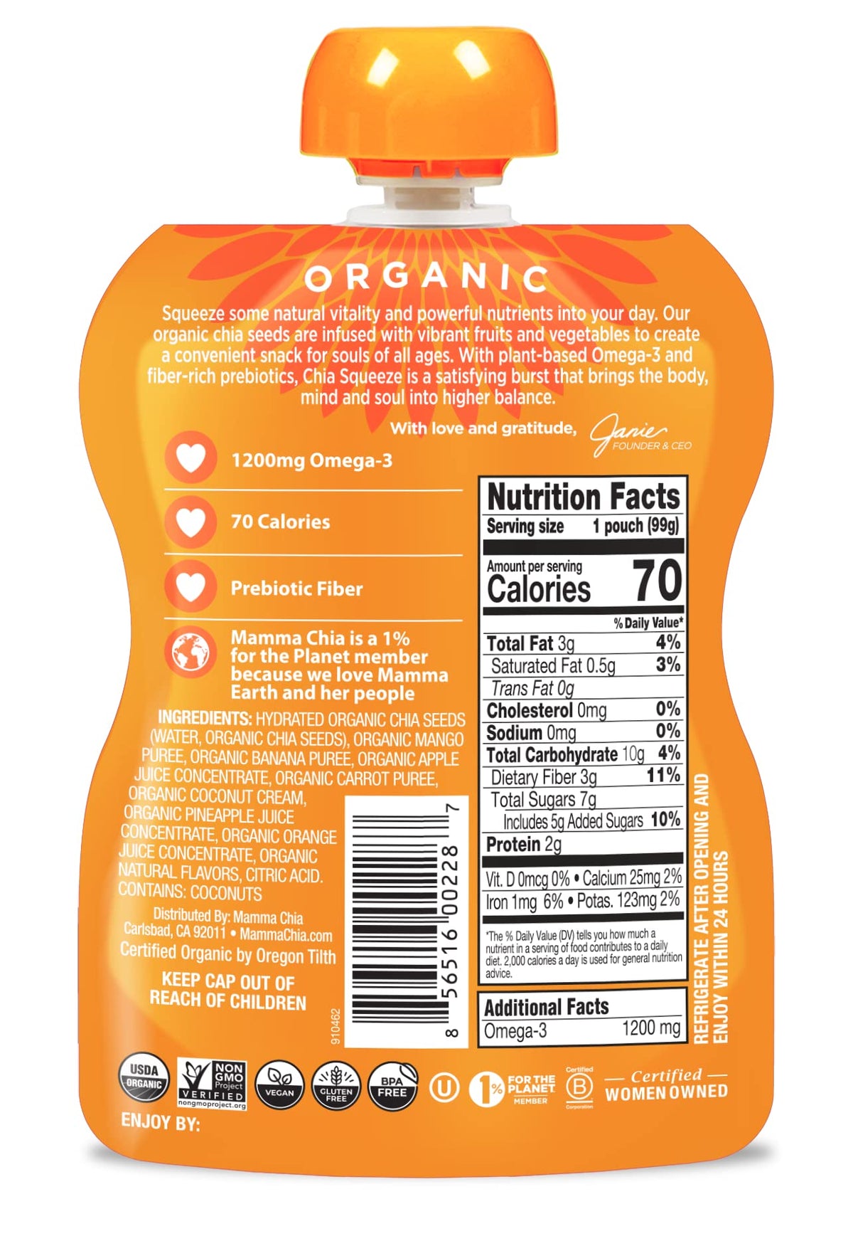 Mamma Chia Organic Vitality Squeeze – Mango Coconut, 16 Pouches | 70 Calories per Pouch