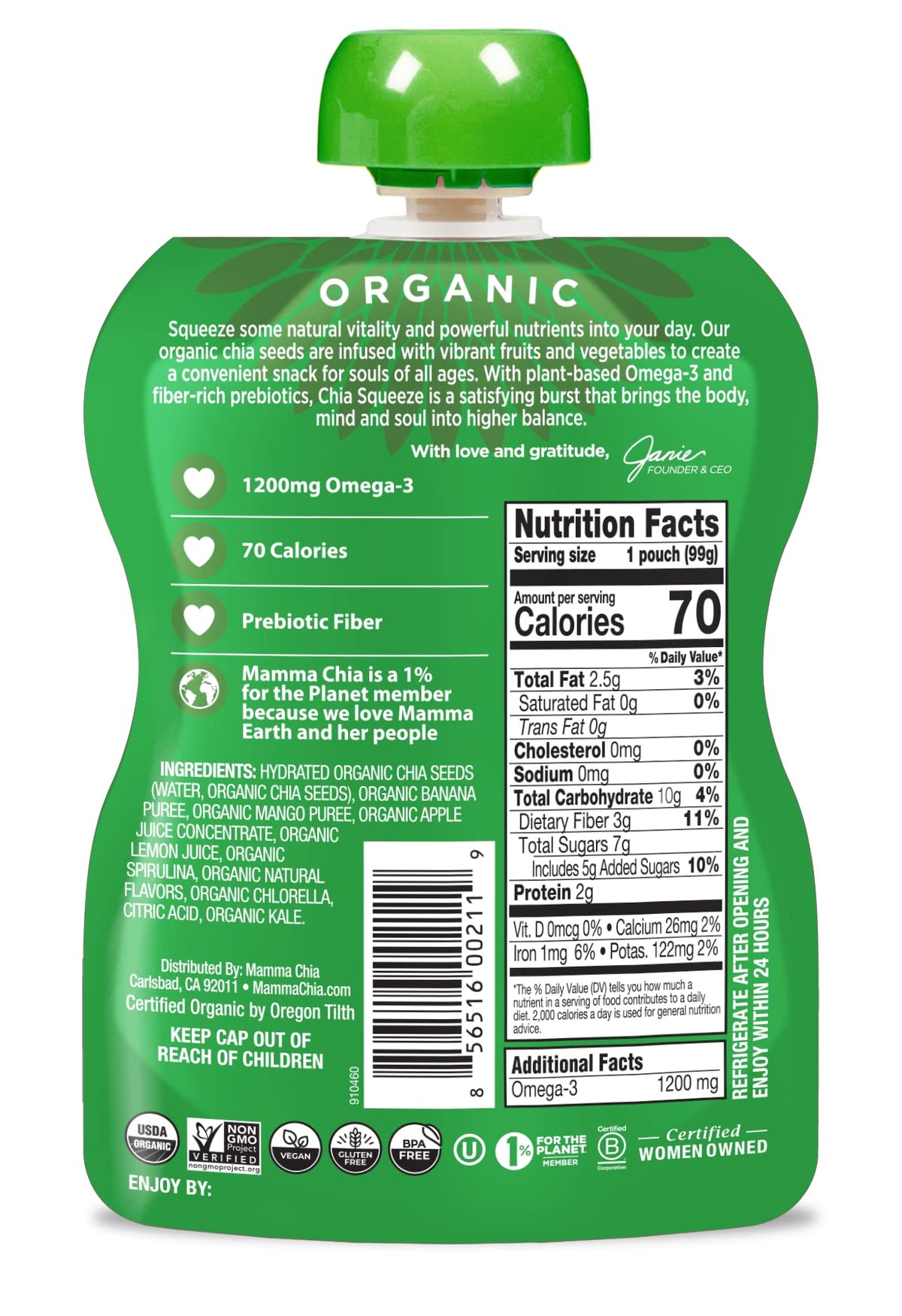 Mamma Chia Organic Vitality Squeeze Snack – Green Magic, 24 Pouches | 70 Calories Each