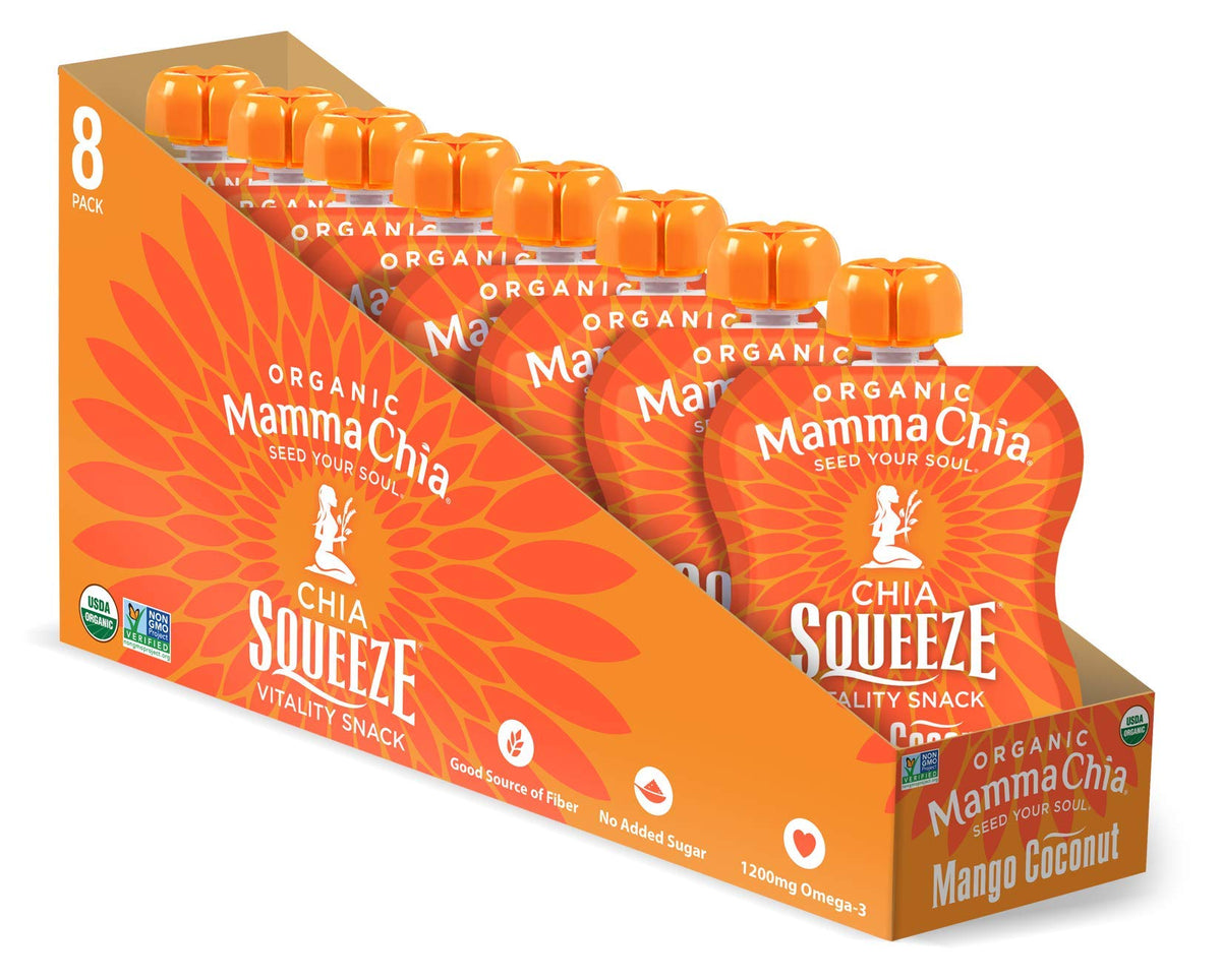 Mamma Chia Organic Vitality Squeeze – Mango Coconut, 16 Pouches | 70 Calories per Pouch